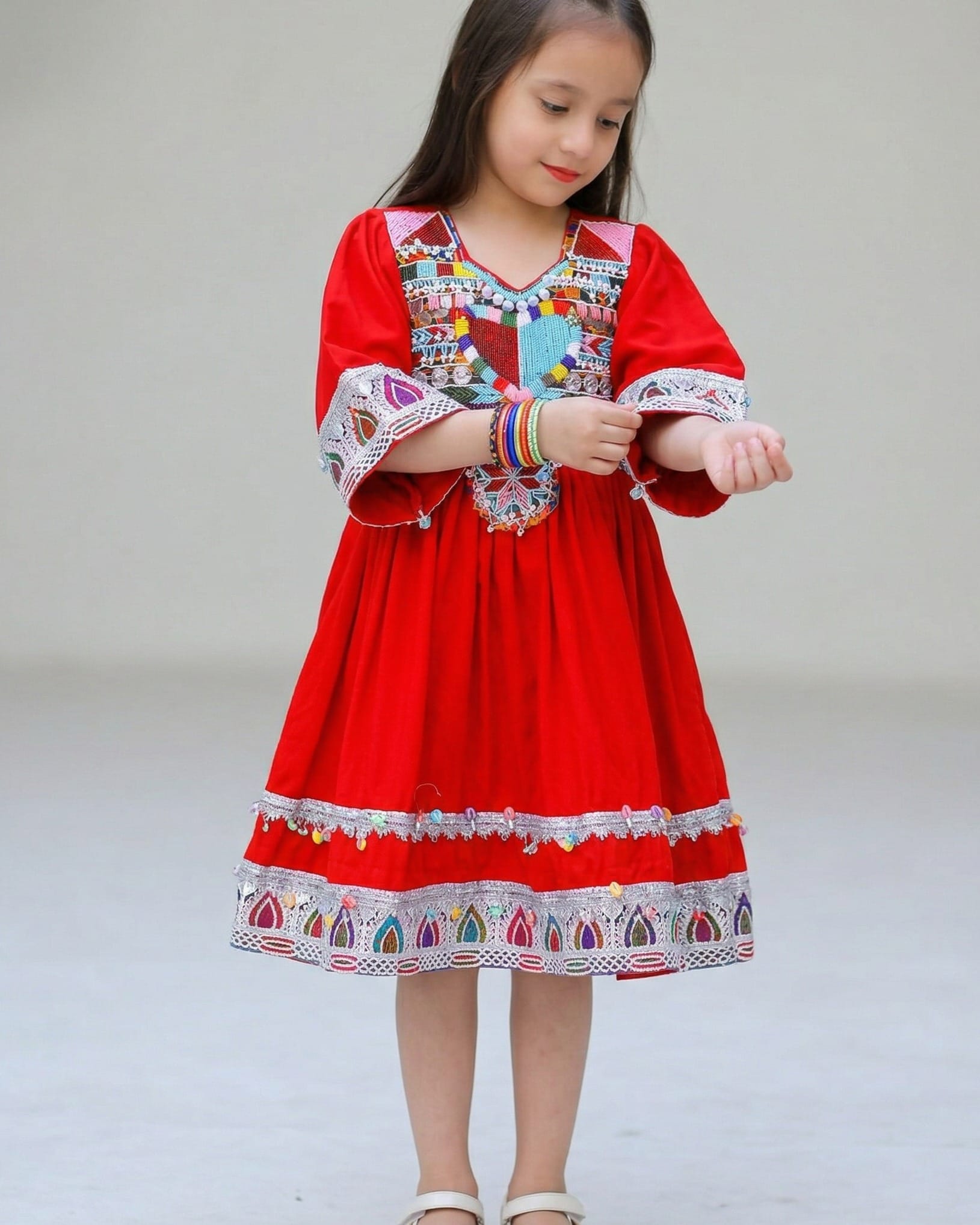 Red Dress Kuchi Embroidery For Girls Matching Blue Scarf