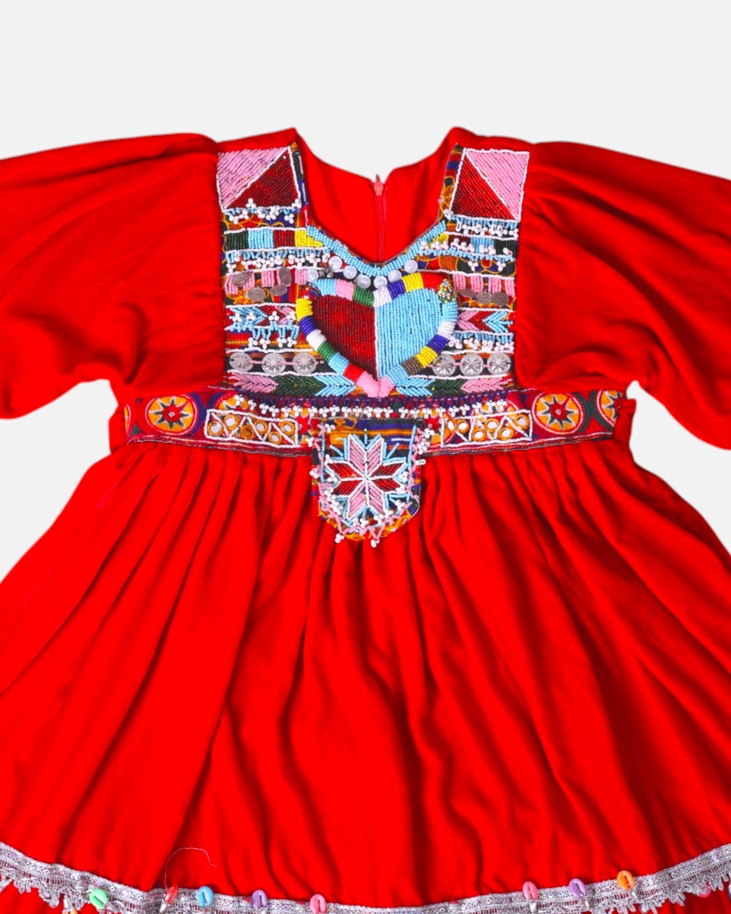 Red Dress Kuchi Embroidery For Girls Matching Blue Scarf