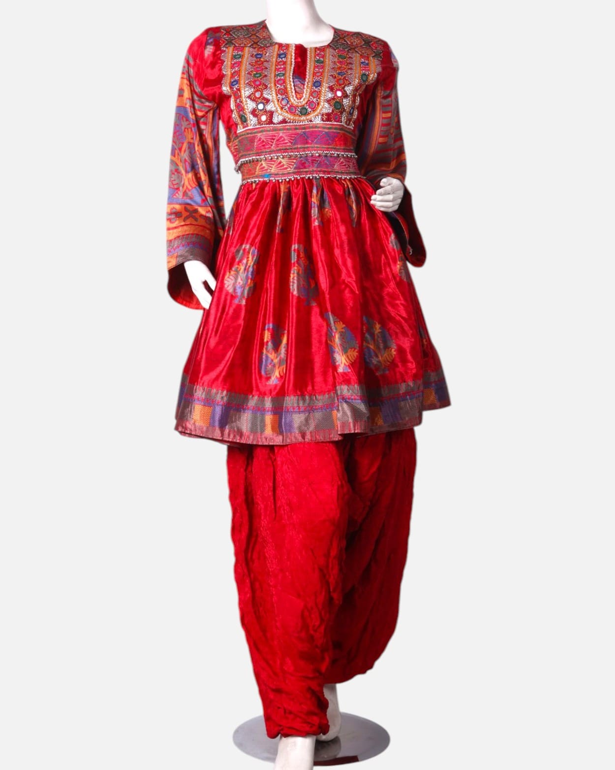 Red Traditional Afghan Embroidered Dress – Velvet and Handwoven Details