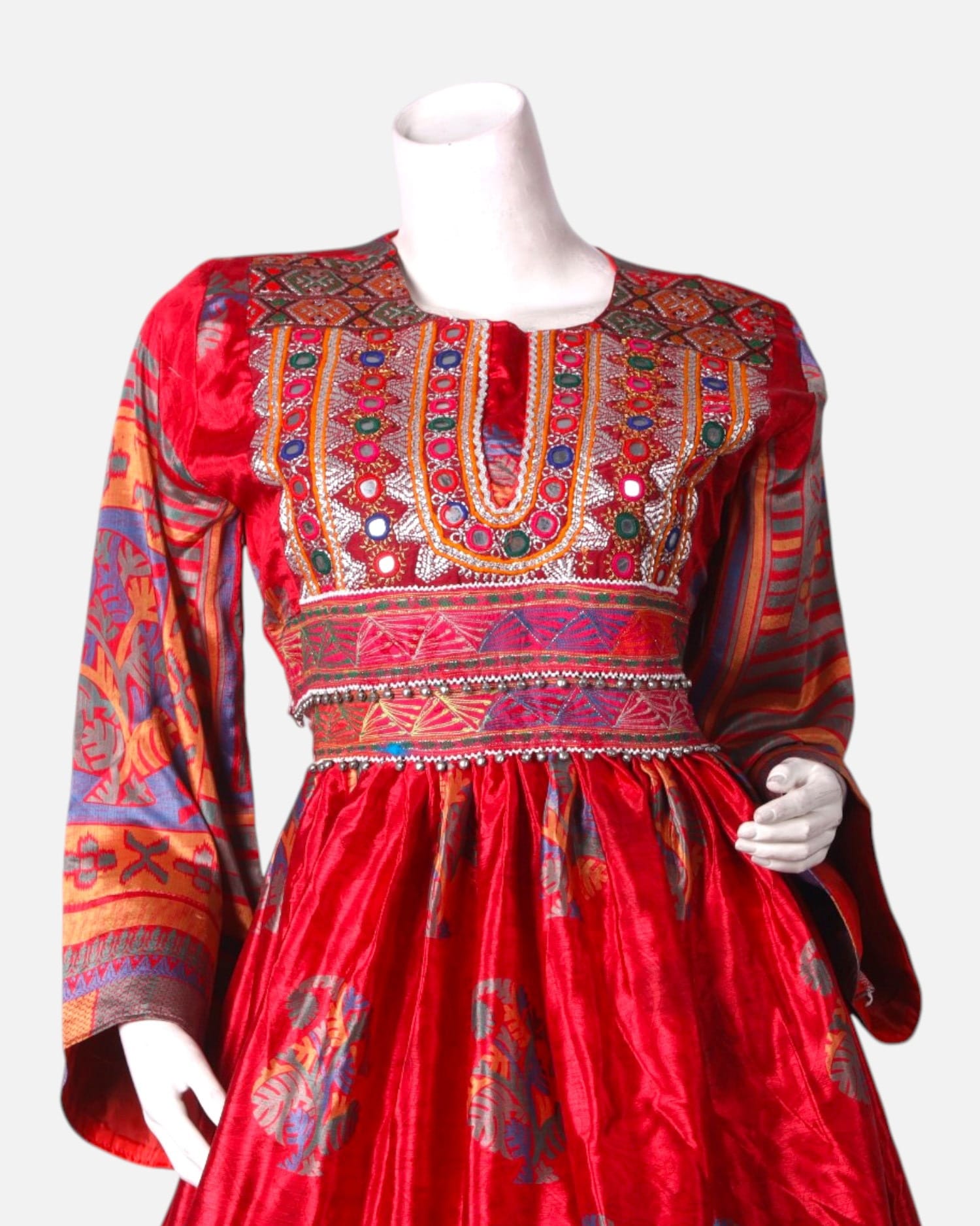 Red Traditional Afghan Embroidered Dress – Velvet and Handwoven Details
