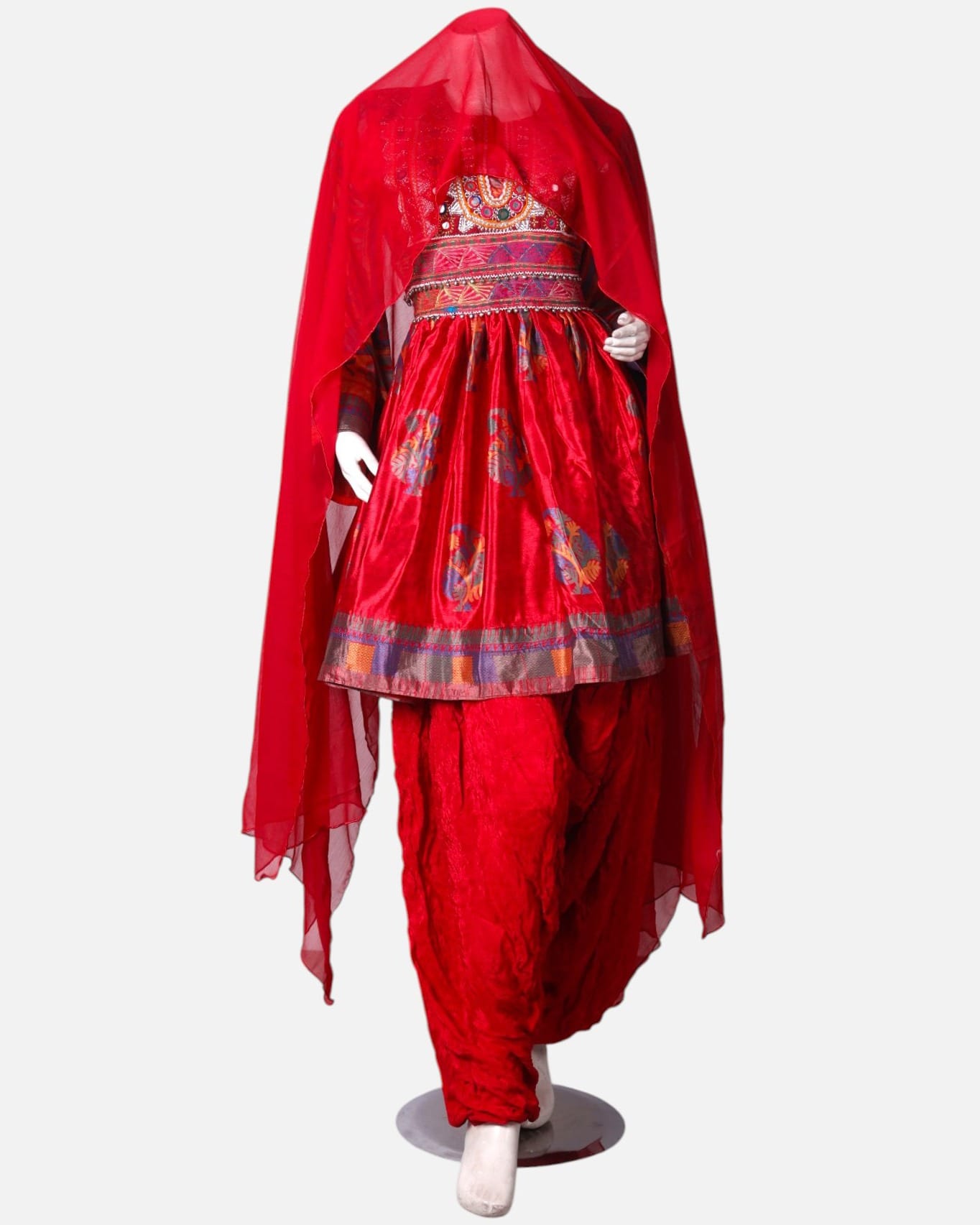 Red Traditional Afghan Embroidered Dress – Velvet and Handwoven Details