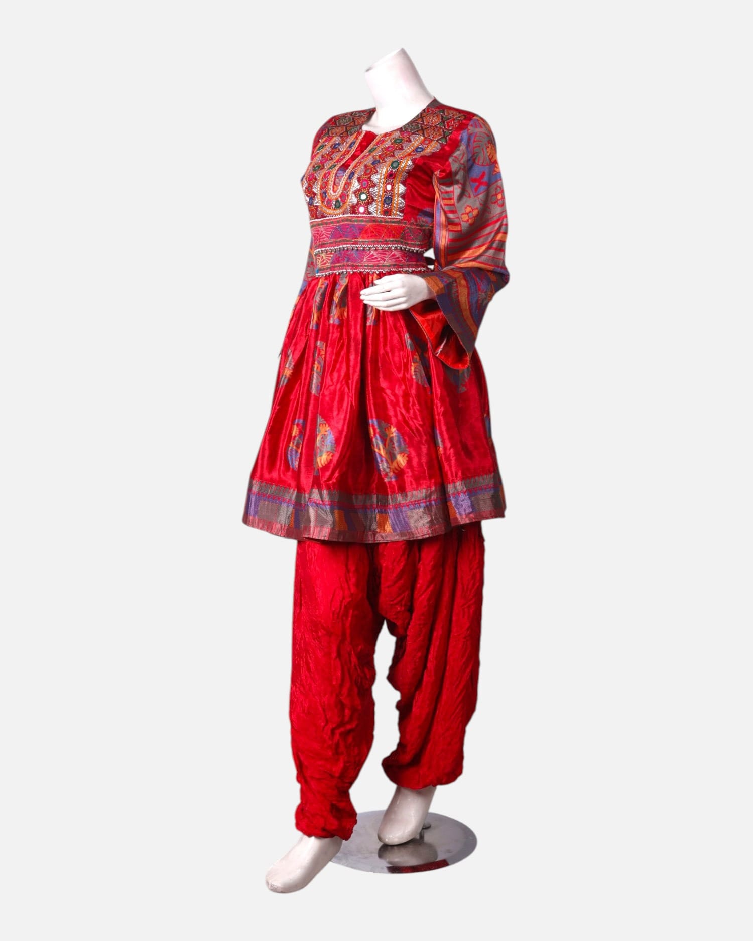 Red Traditional Afghan Embroidered Dress – Velvet and Handwoven Details