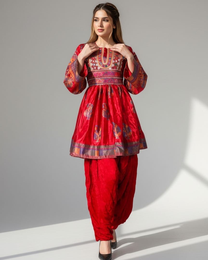 Red Traditional Afghan Embroidered Dress – Velvet and Handwoven Details