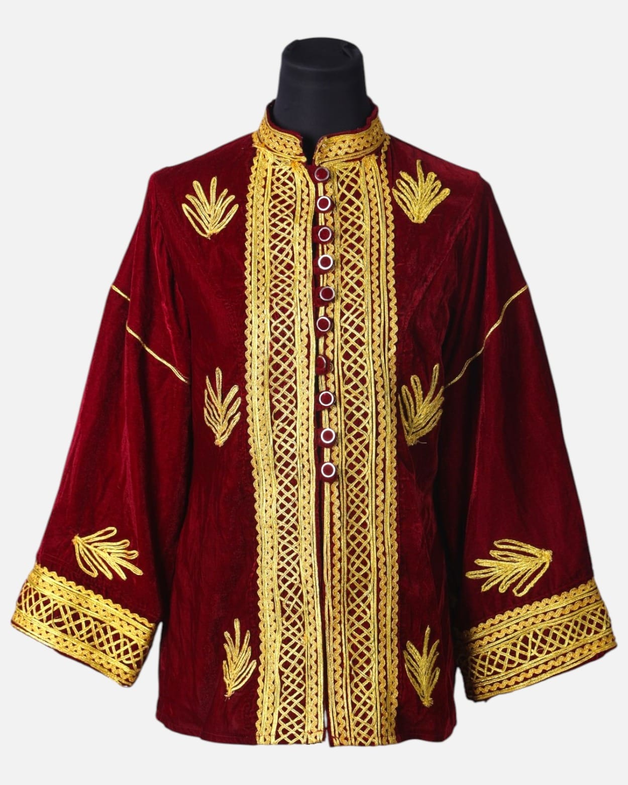 Royal Velvet Embroidered Coat Afghan Kurti (Shahane) in Dark Red and Yellow
