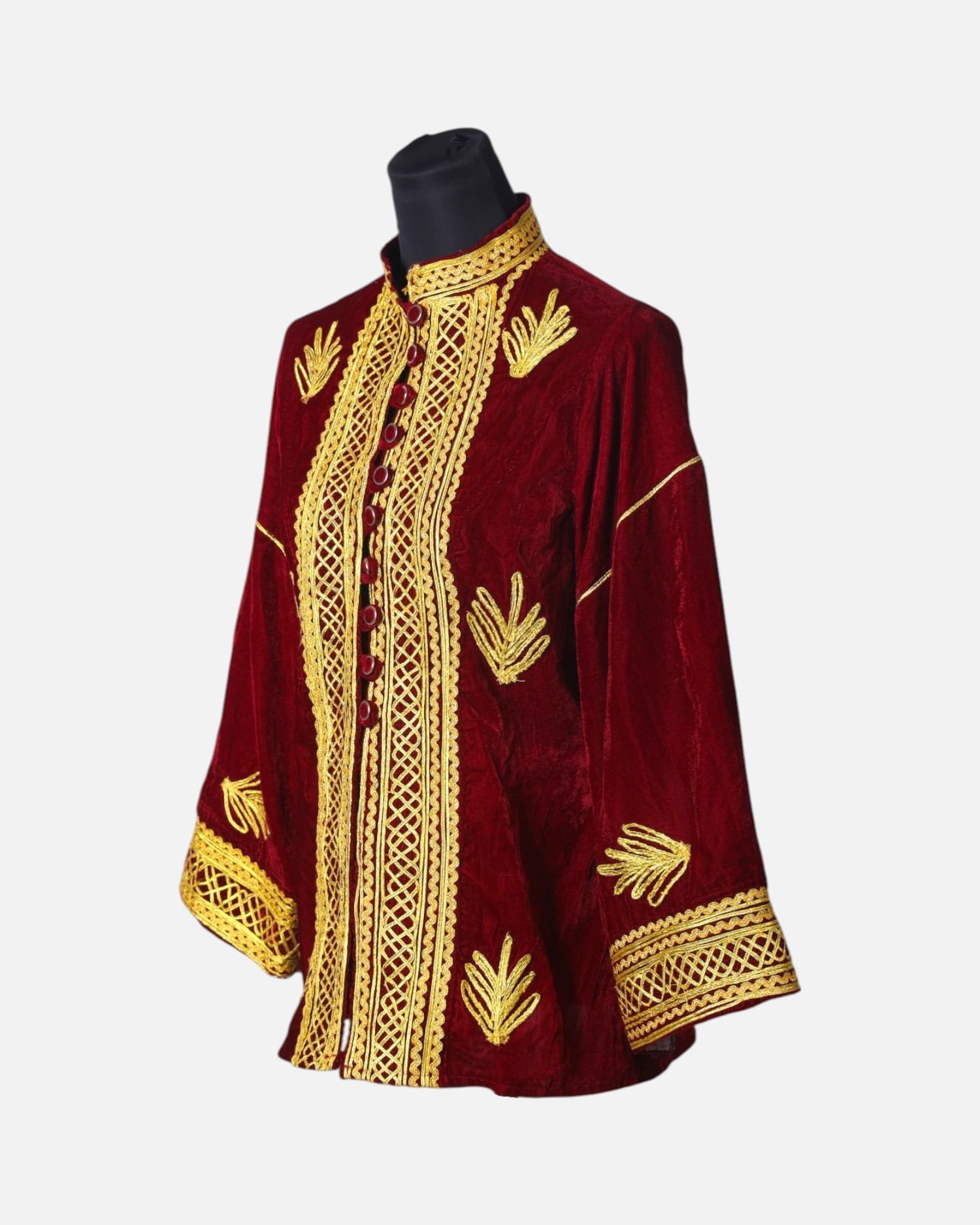 Royal Velvet Embroidered Coat Afghan Kurti (Shahane) in Dark Red and Yellow