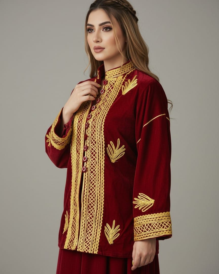 Royal Velvet Embroidered Coat Afghan Kurti (Shahane) in Dark Red and Yellow