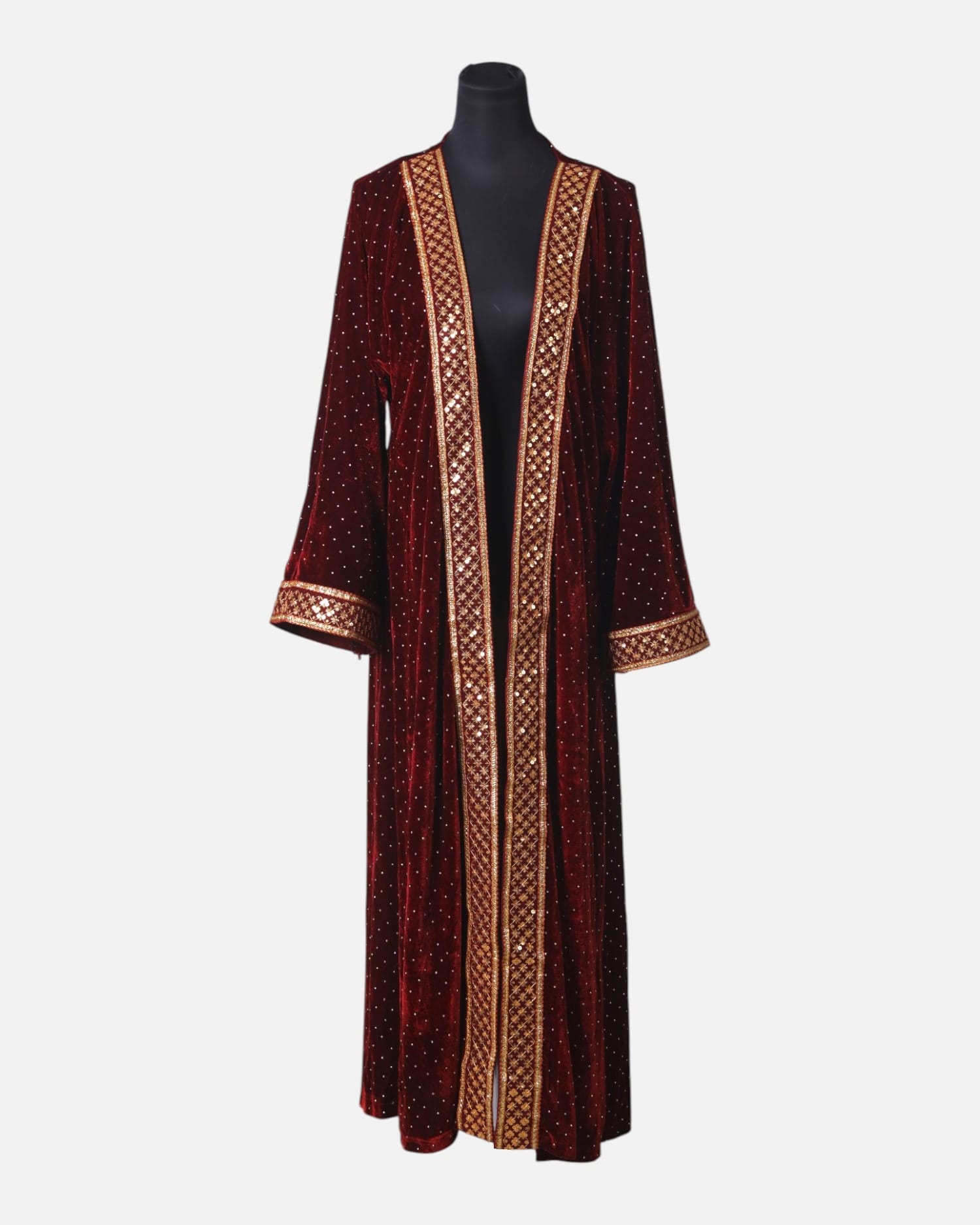 Handcrafted Royal Afghan Velvet Kaftan Chapan in Dark Red and Yellow