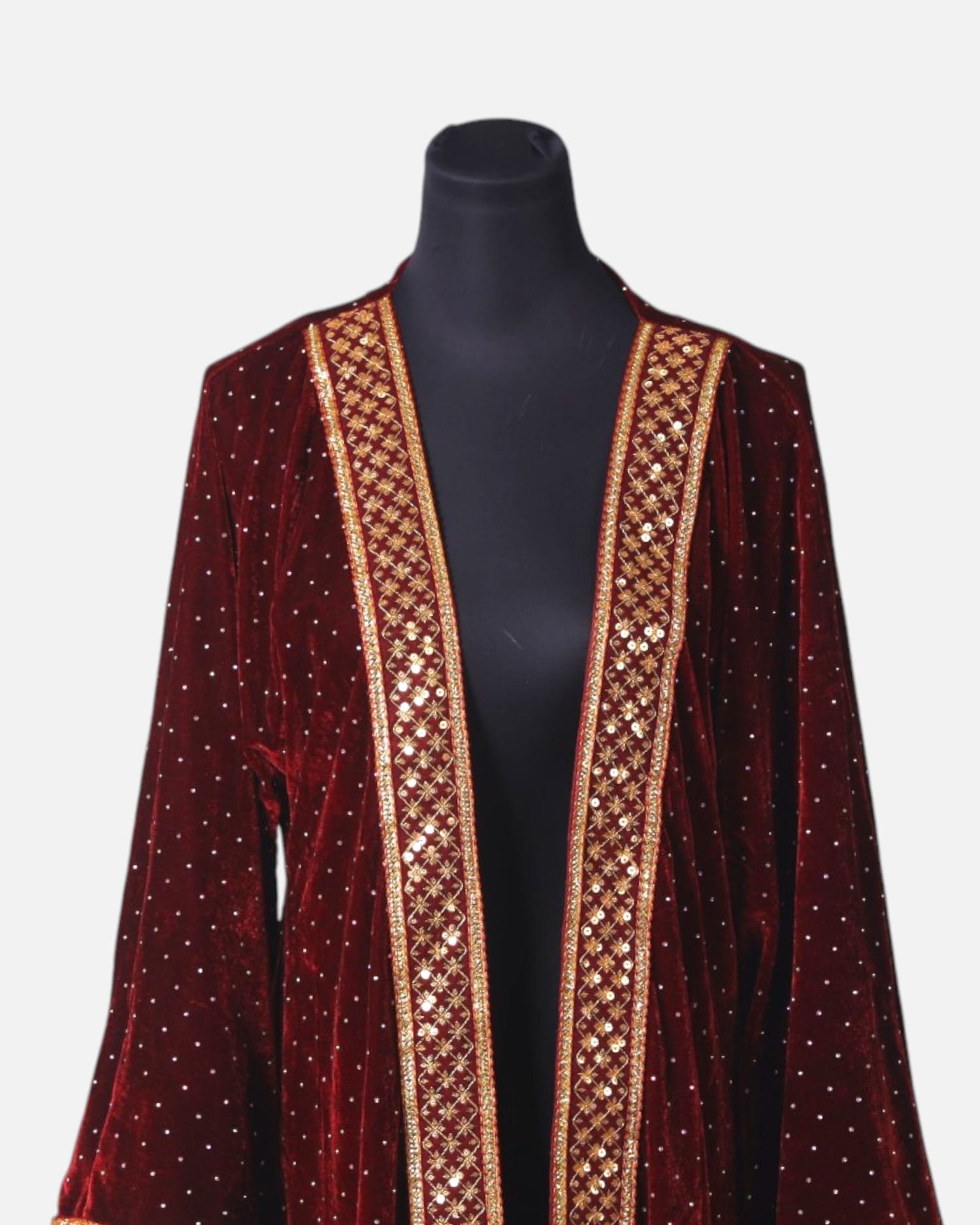 Handcrafted Royal Afghan Velvet Kaftan Chapan in Dark Red and Yellow
