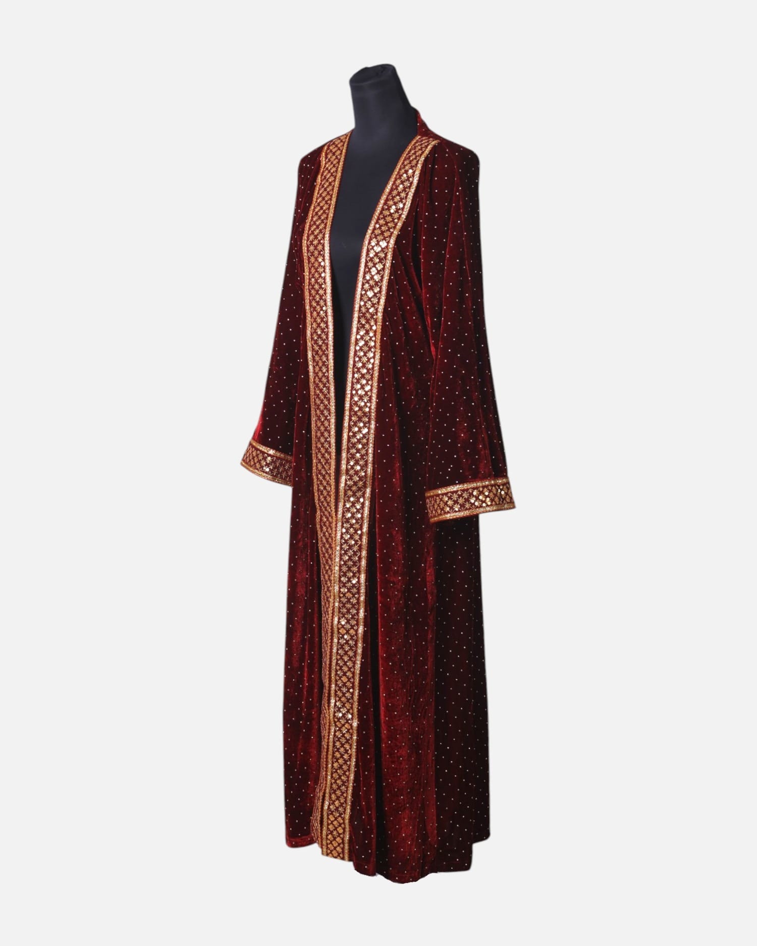 Handcrafted Royal Afghan Velvet Kaftan Chapan in Dark Red and Yellow