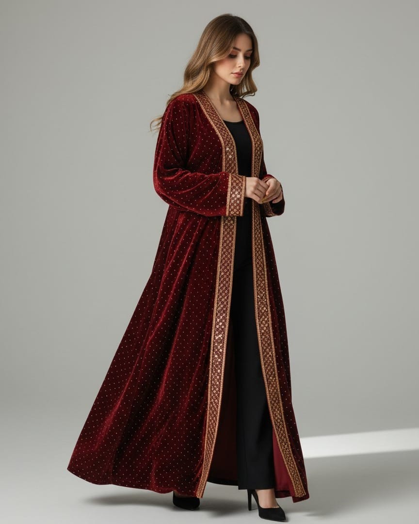 Handcrafted Royal Afghan Velvet Kaftan Chapan in Dark Red and Yellow