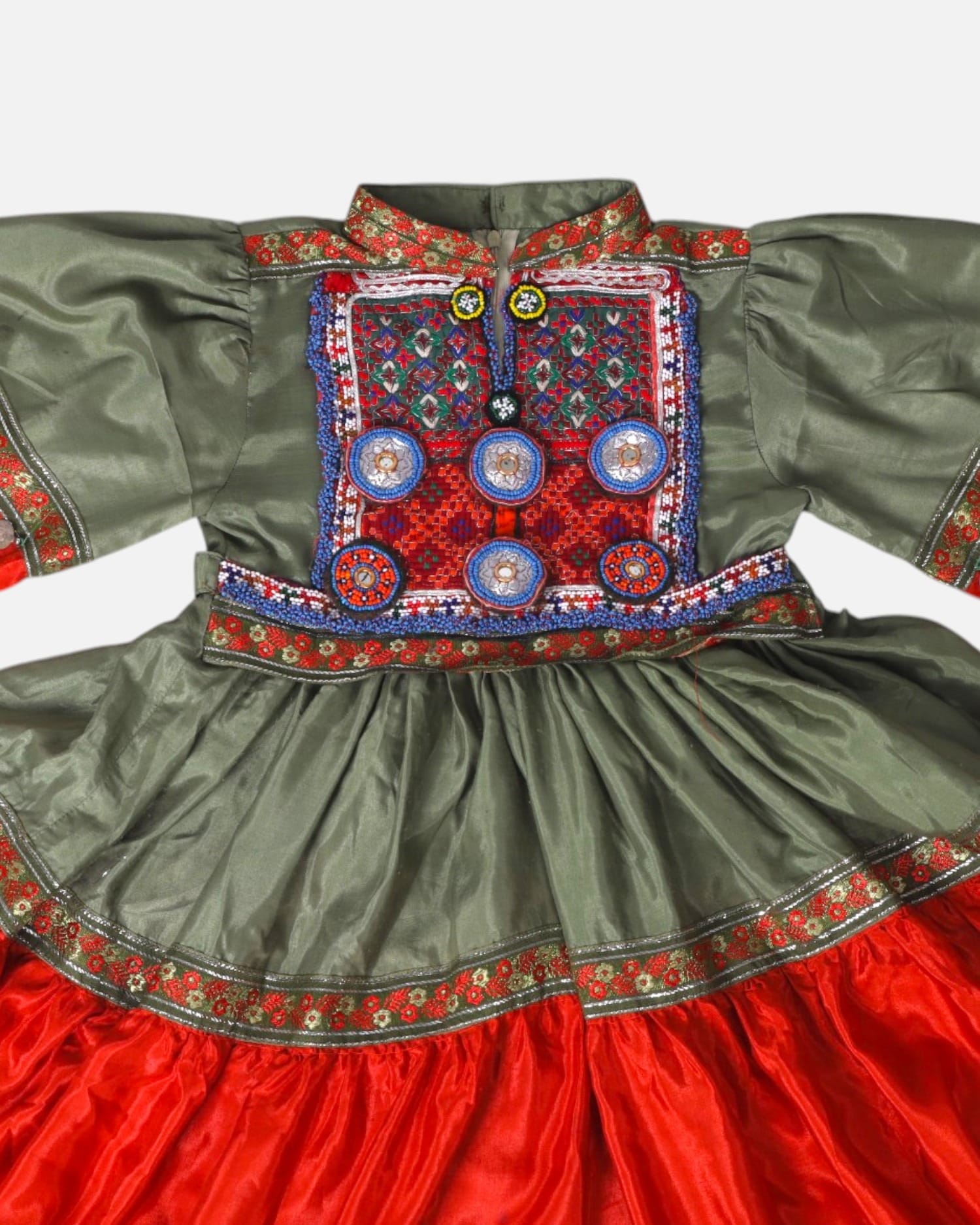 Green and Red Afghan Traditional Kids Dress