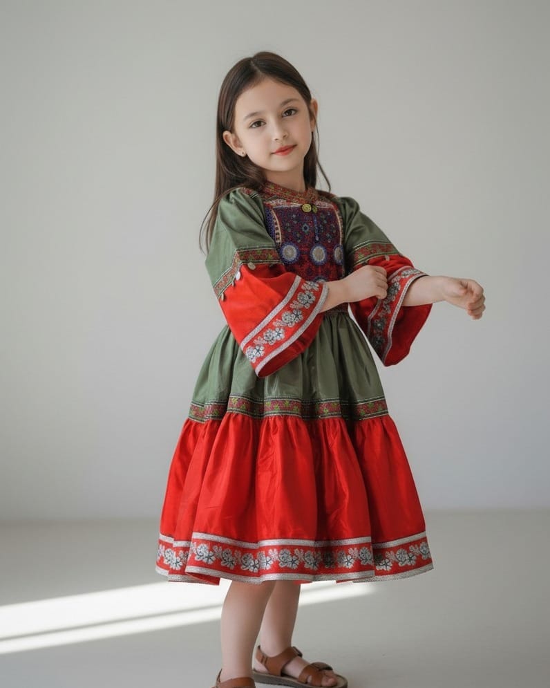 Green and Red Afghan Traditional Kids Dress
