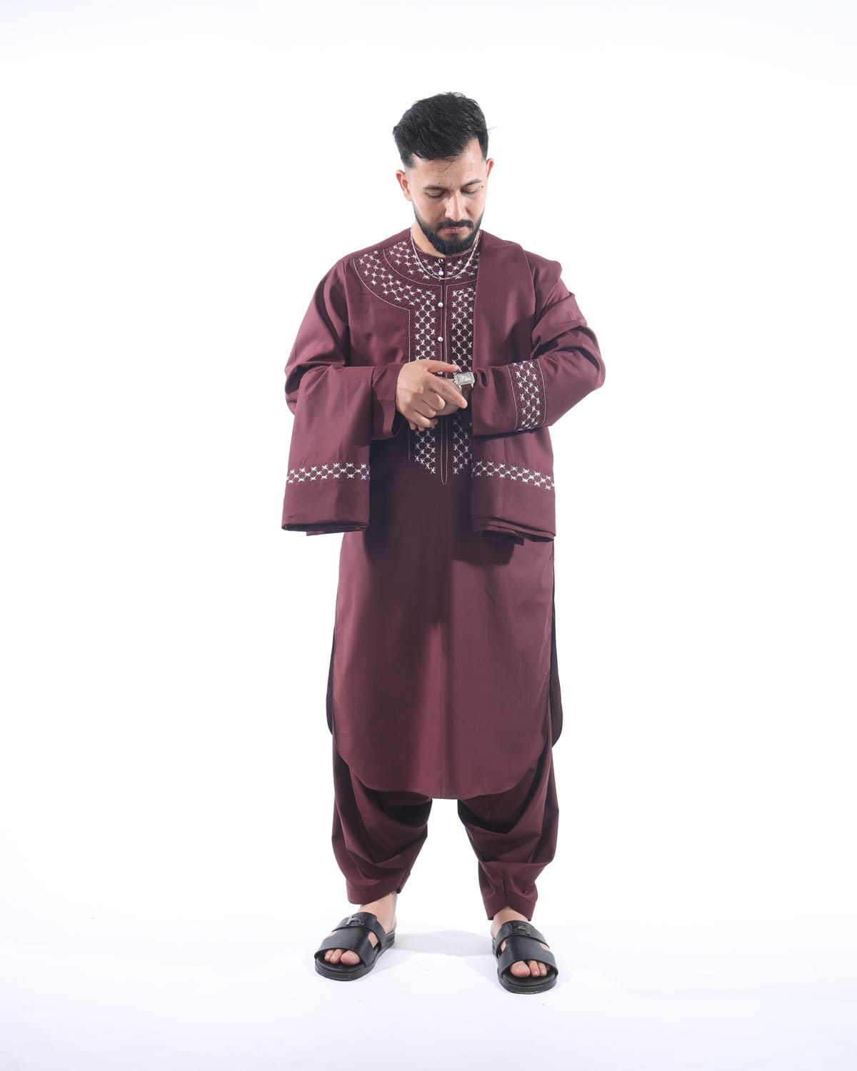 Arabic Men’s Style Hand Embroidered Burgundy Outfit with Shawl