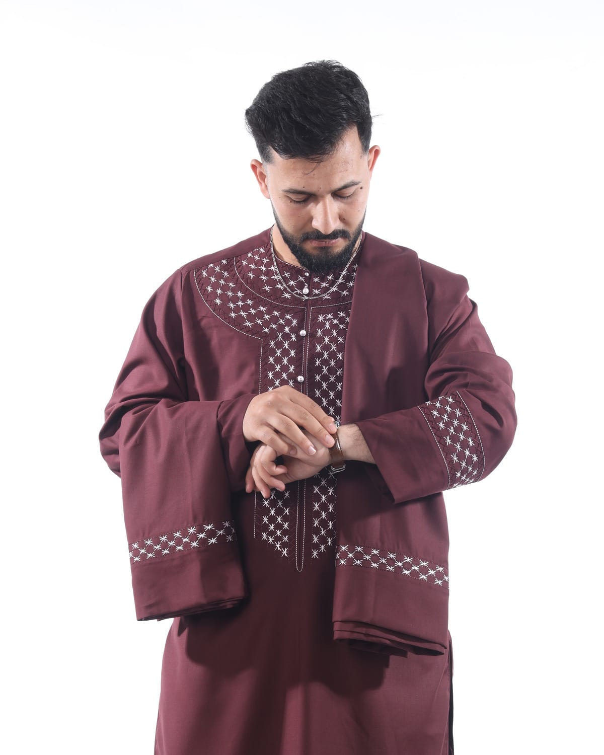 Arabic Men’s Style Hand Embroidered Burgundy Outfit with Shawl