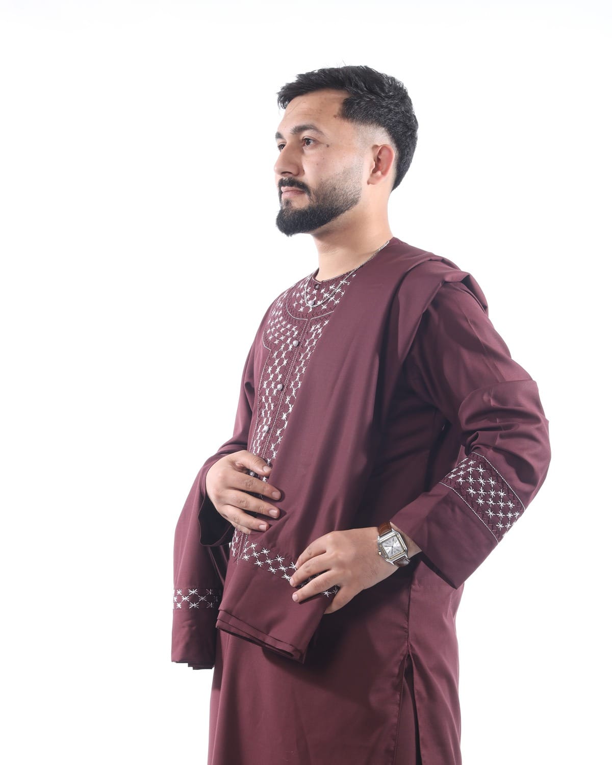 Arabic Men’s Style Hand Embroidered Burgundy Outfit with Shawl
