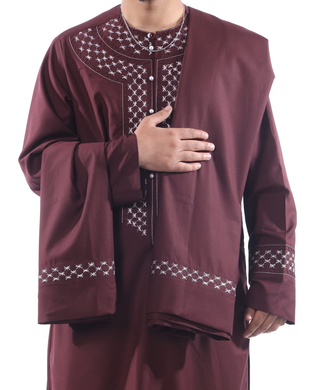 Arabic Men’s Style Hand Embroidered Burgundy Outfit with Shawl