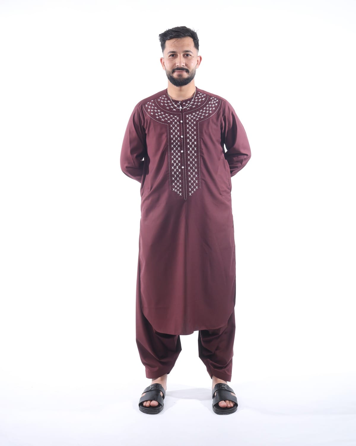 Arabic Men’s Style Hand Embroidered Burgundy Outfit with Shawl
