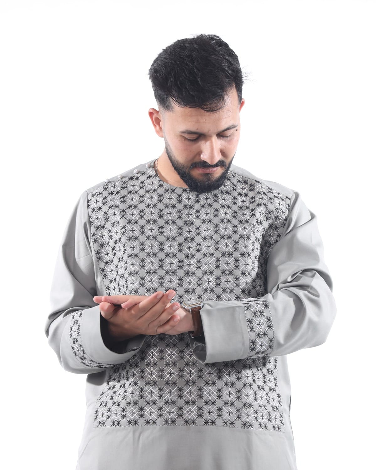 Light Silver Sena Pur Embroidered Afghan Attire for Men with Shawl