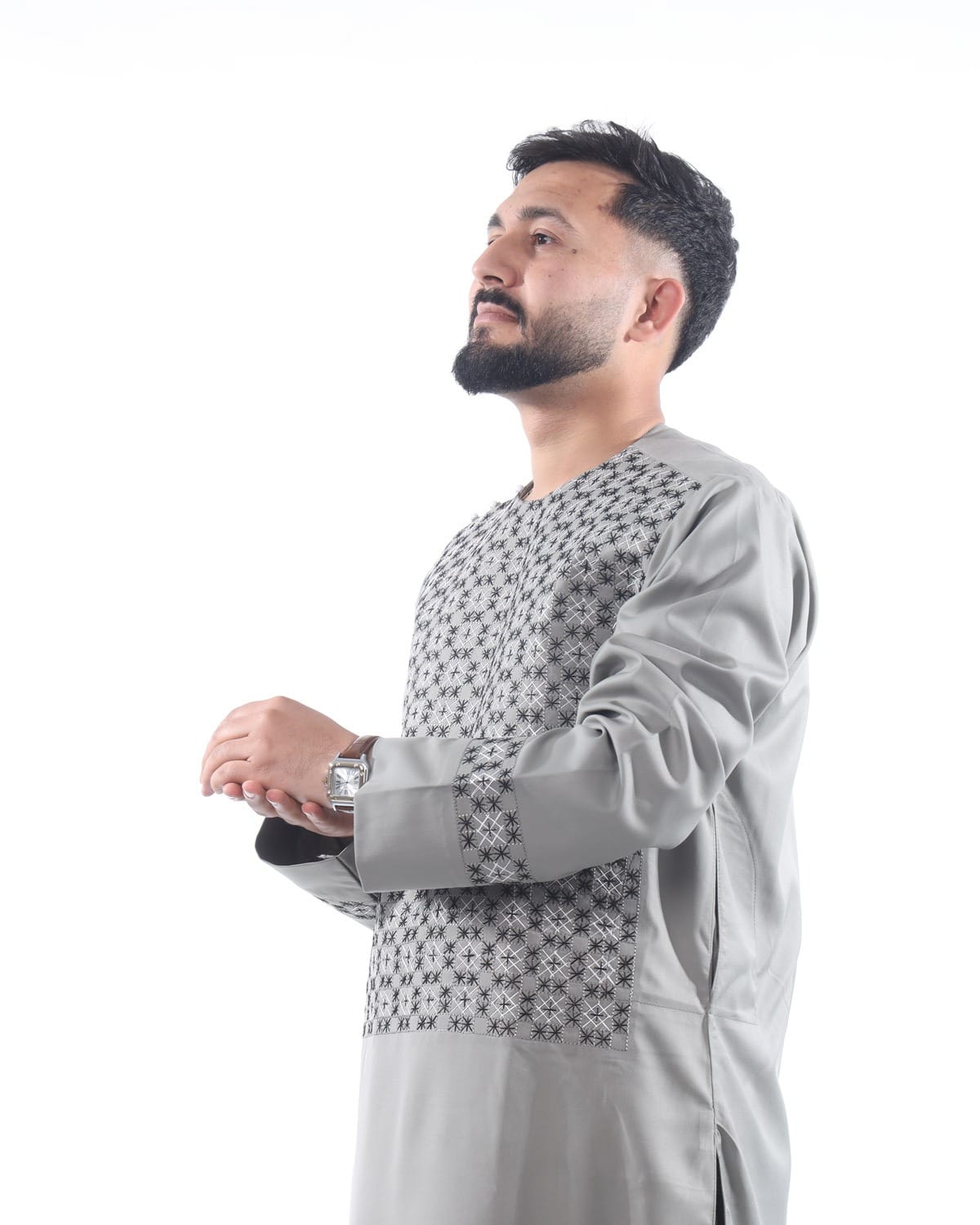 Light Silver Sena Pur Embroidered Afghan Attire for Men with Shawl