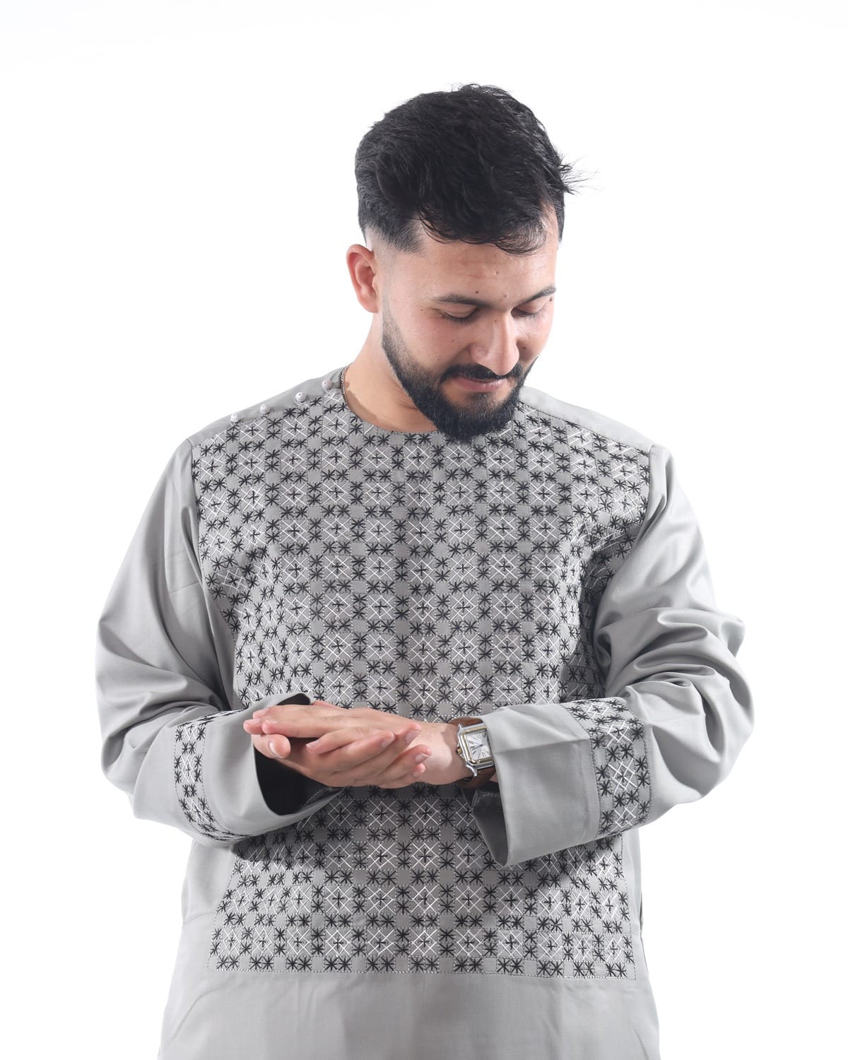 Light Silver Sena Pur Embroidered Afghan Attire for Men with Shawl