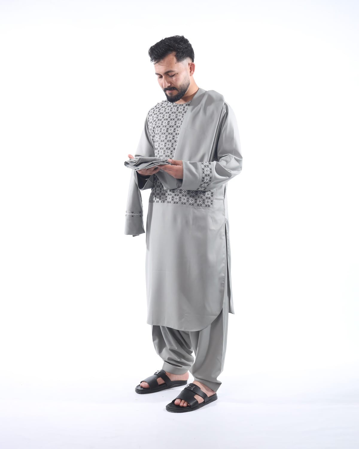 Light Silver Sena Pur Embroidered Afghan Attire for Men with Shawl