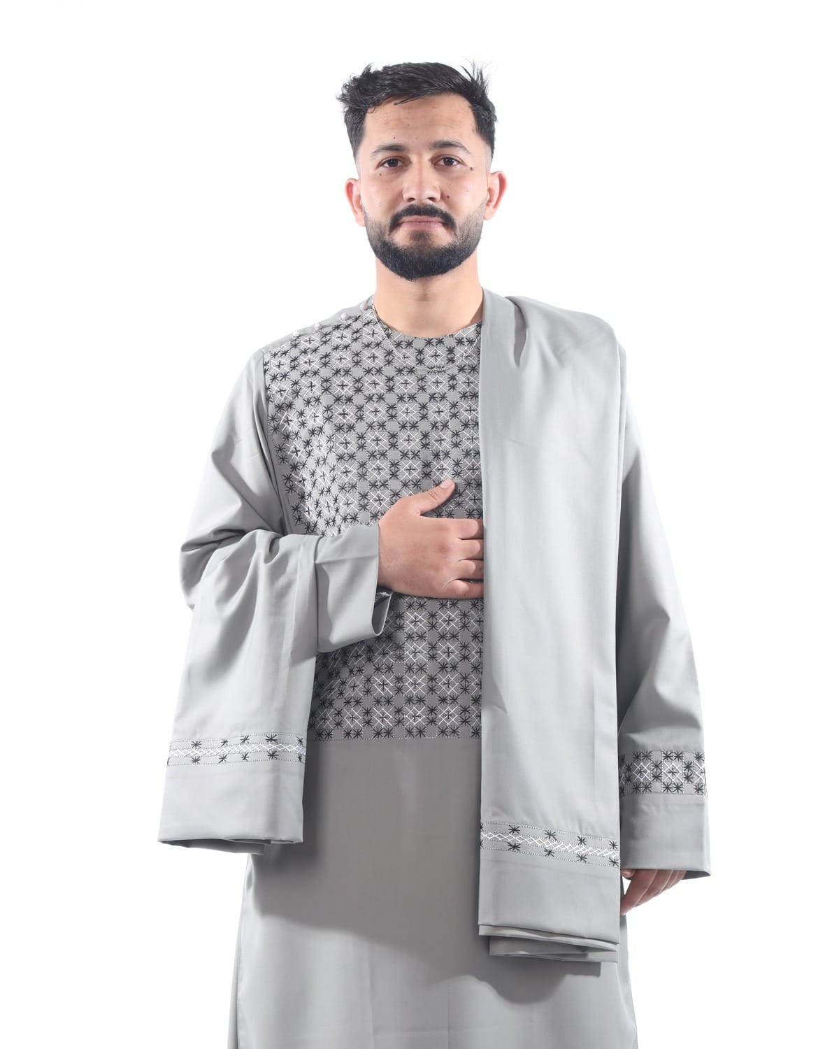 Light Silver Sena Pur Embroidered Afghan Attire for Men with Shawl