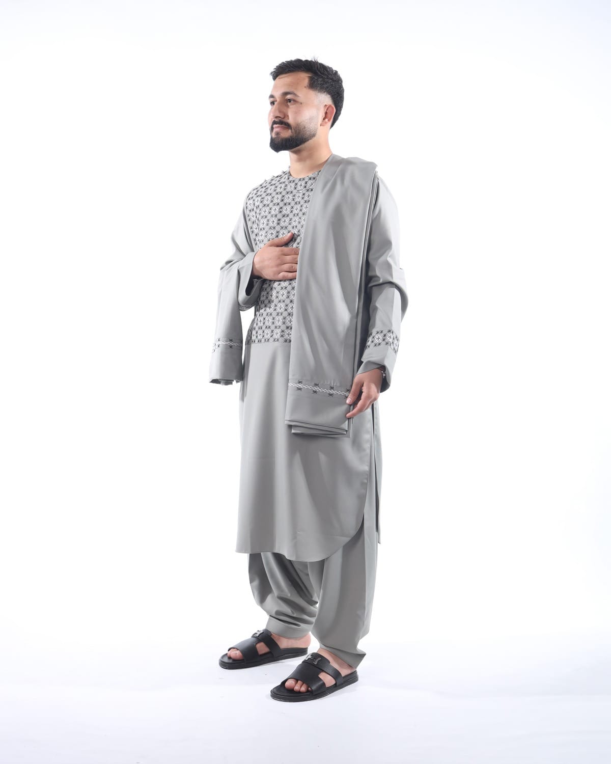 Light Silver Sena Pur Embroidered Afghan Attire for Men with Shawl