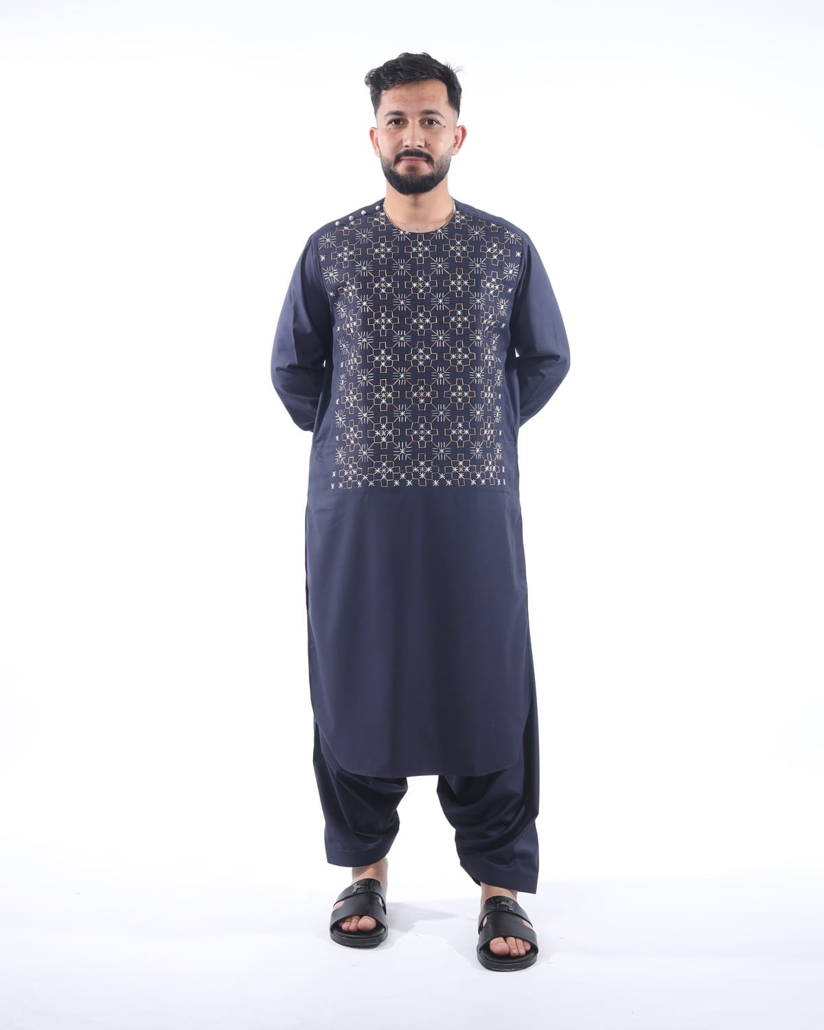 Men Pashtun Style Navy Blue clothes with Shawl