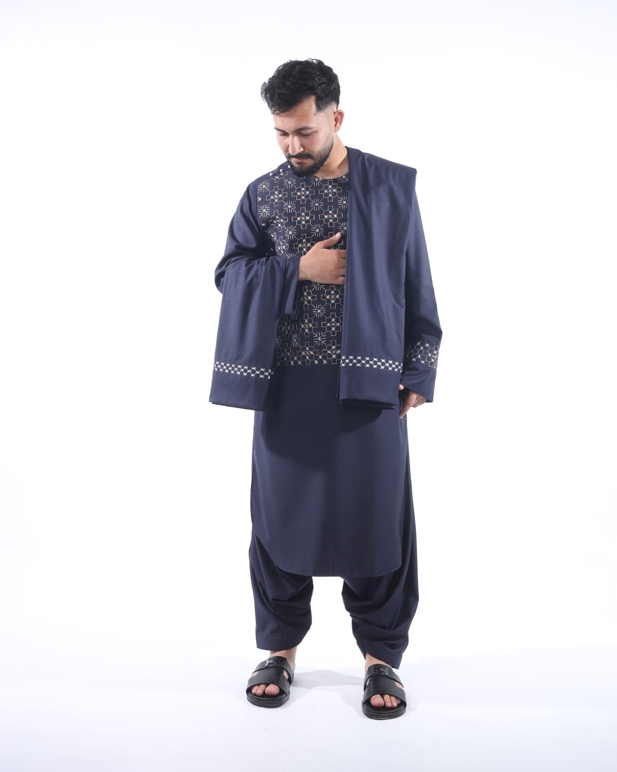 Men Pashtun Style Navy Blue clothes with Shawl