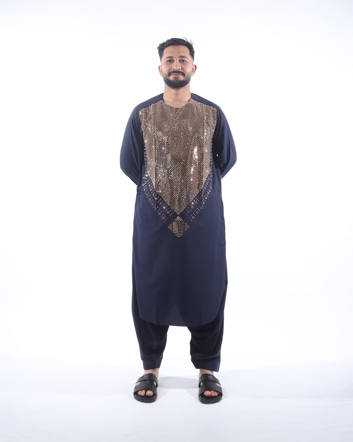 Black Men Cristal Embroidery Long Sleeve Clothing Set
