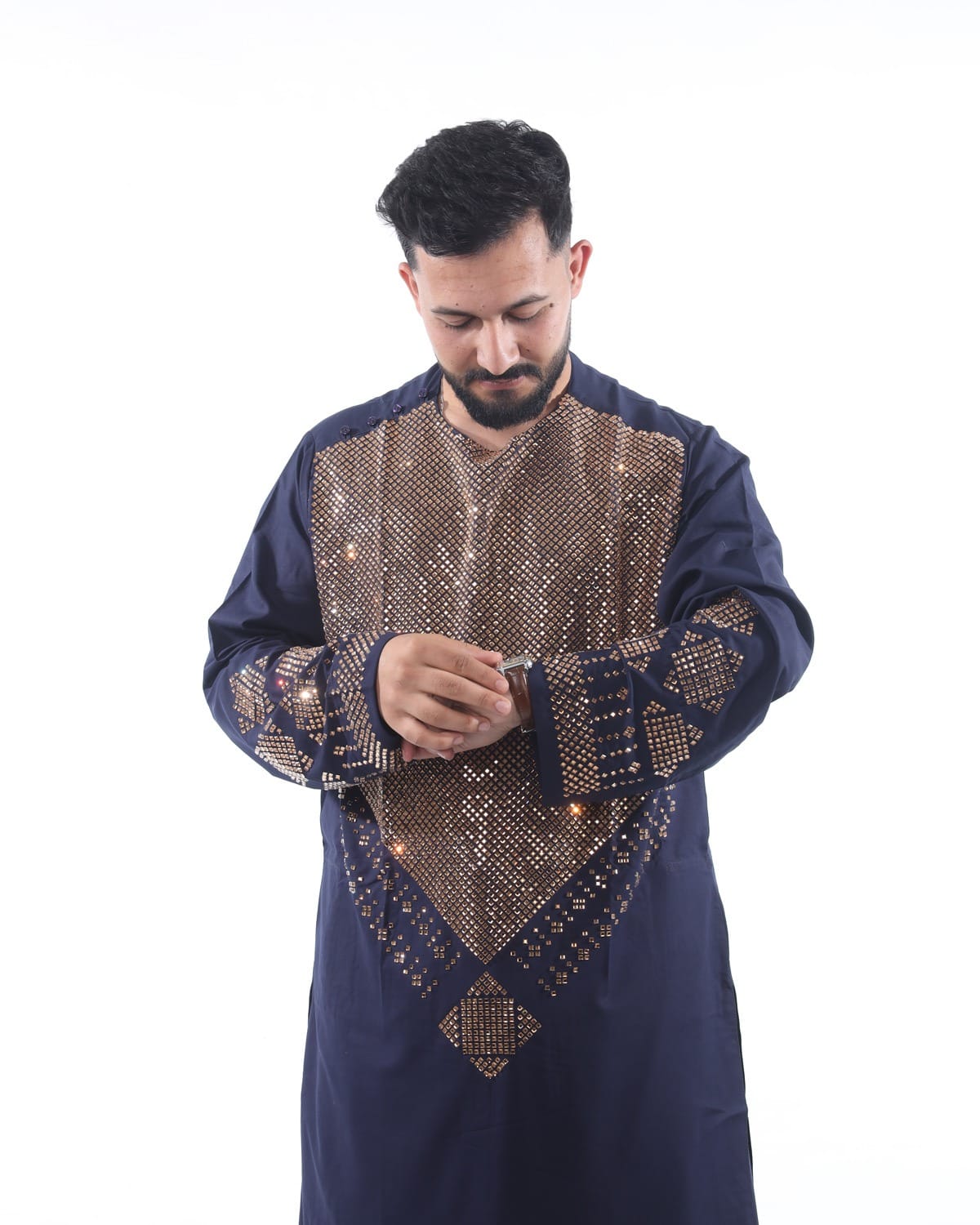 Black Men Cristal Embroidery Long Sleeve Clothing Set