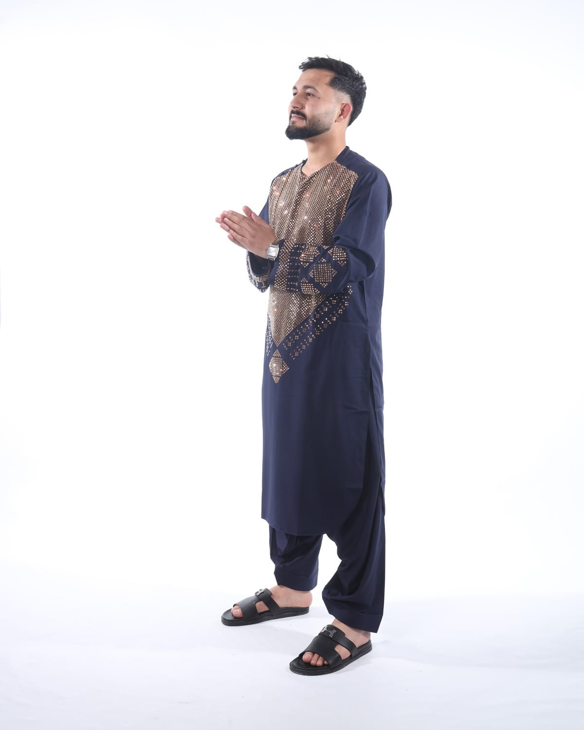 Black Men Cristal Embroidery Long Sleeve Clothing Set