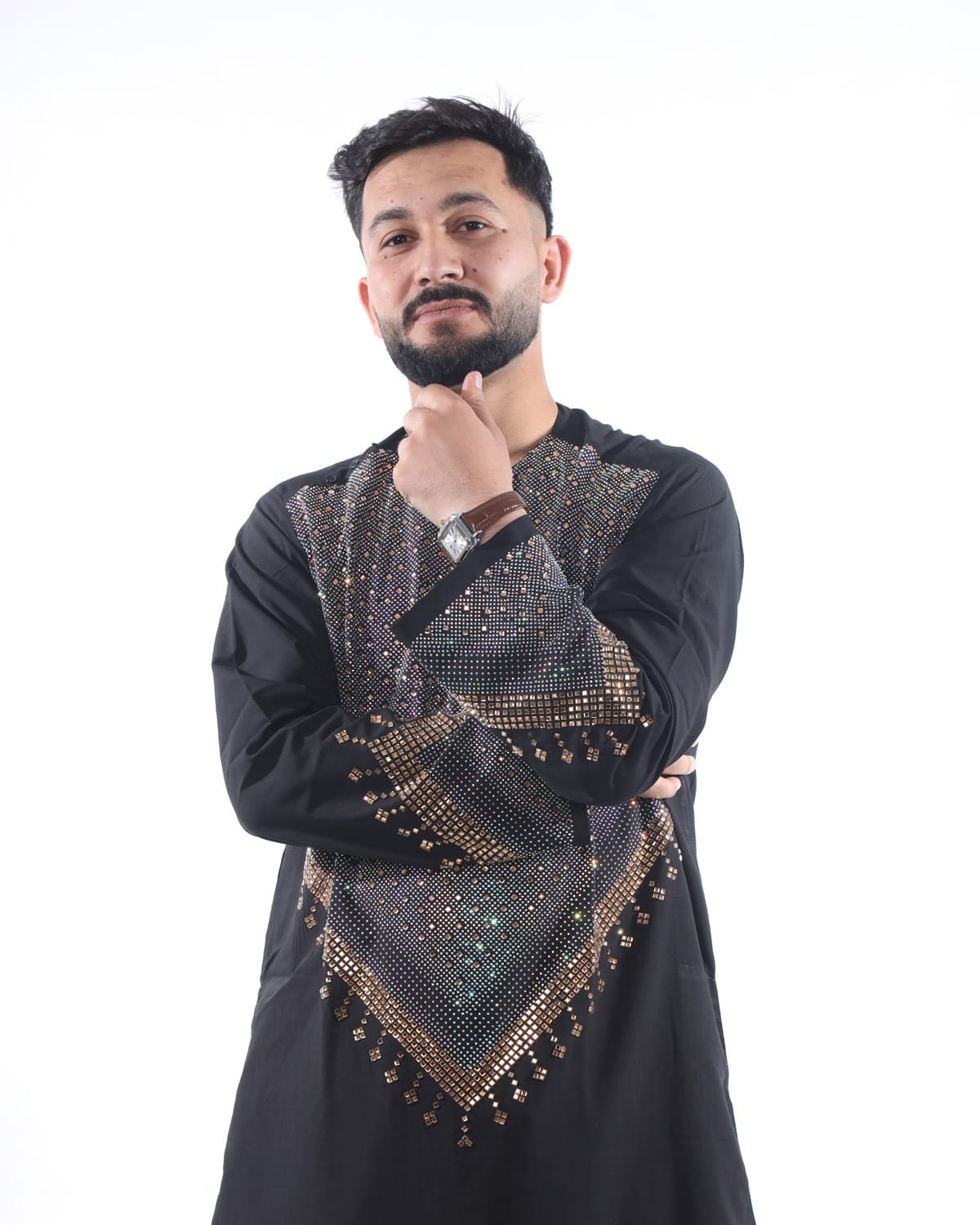 Black Afghani Embroidery Men Clothes with Shawl