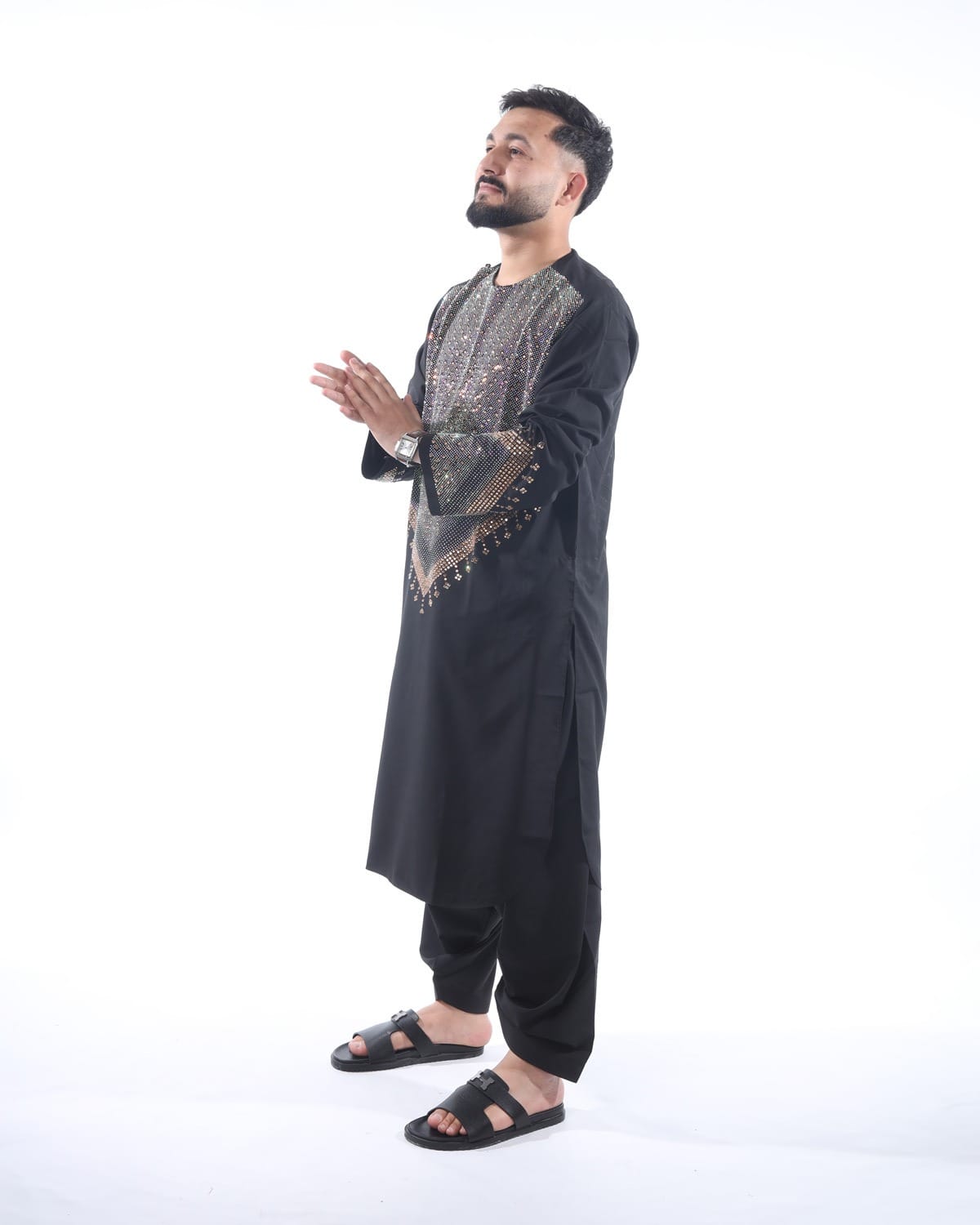 Black Afghani Embroidery Men Clothes with Shawl