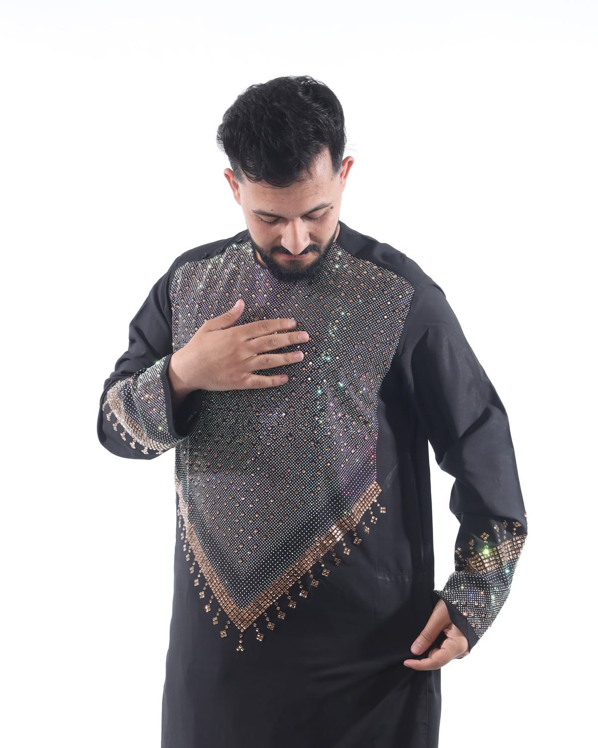 Black Afghani Embroidery Men Clothes with Shawl