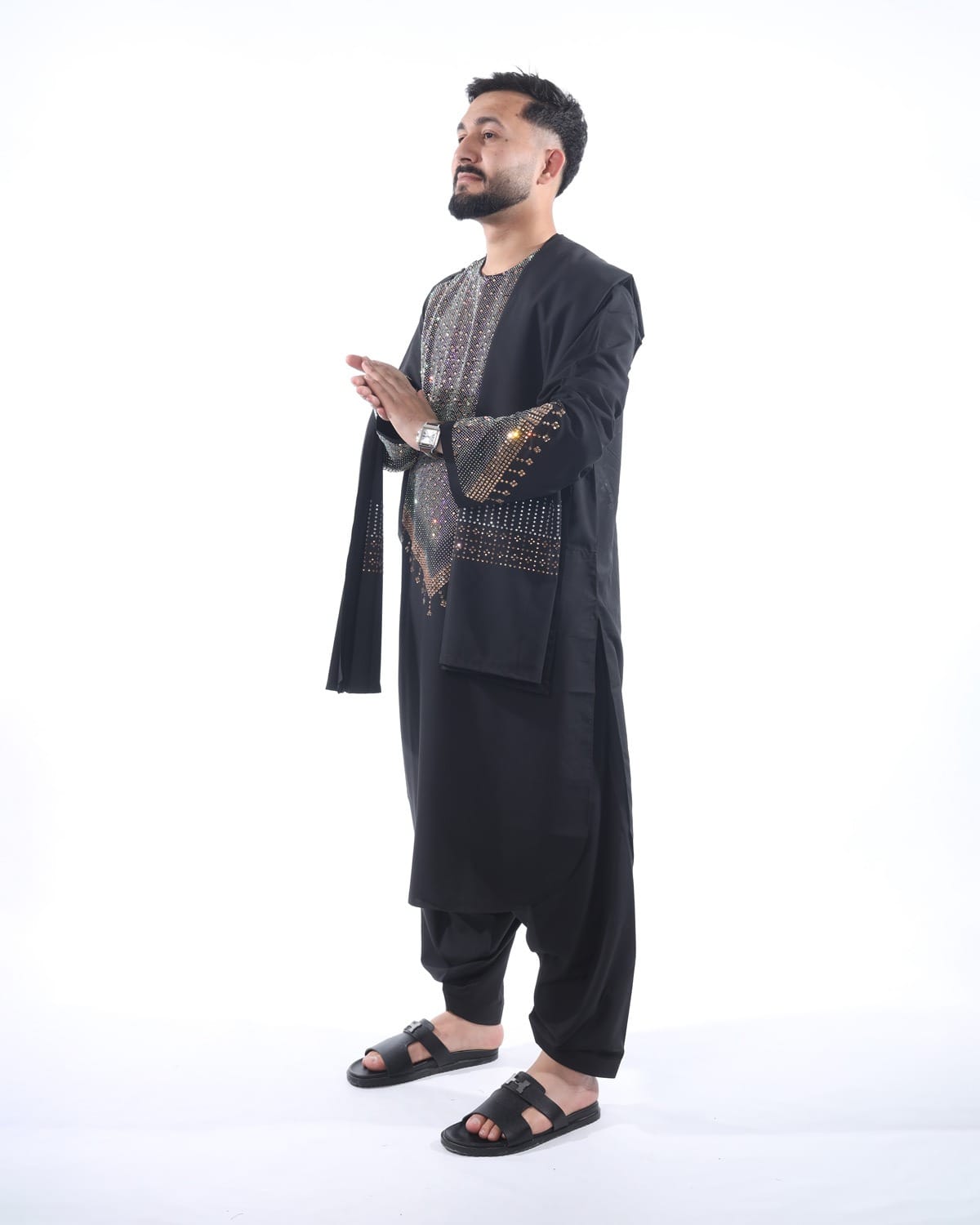 Black Afghani Embroidery Men Clothes with Shawl