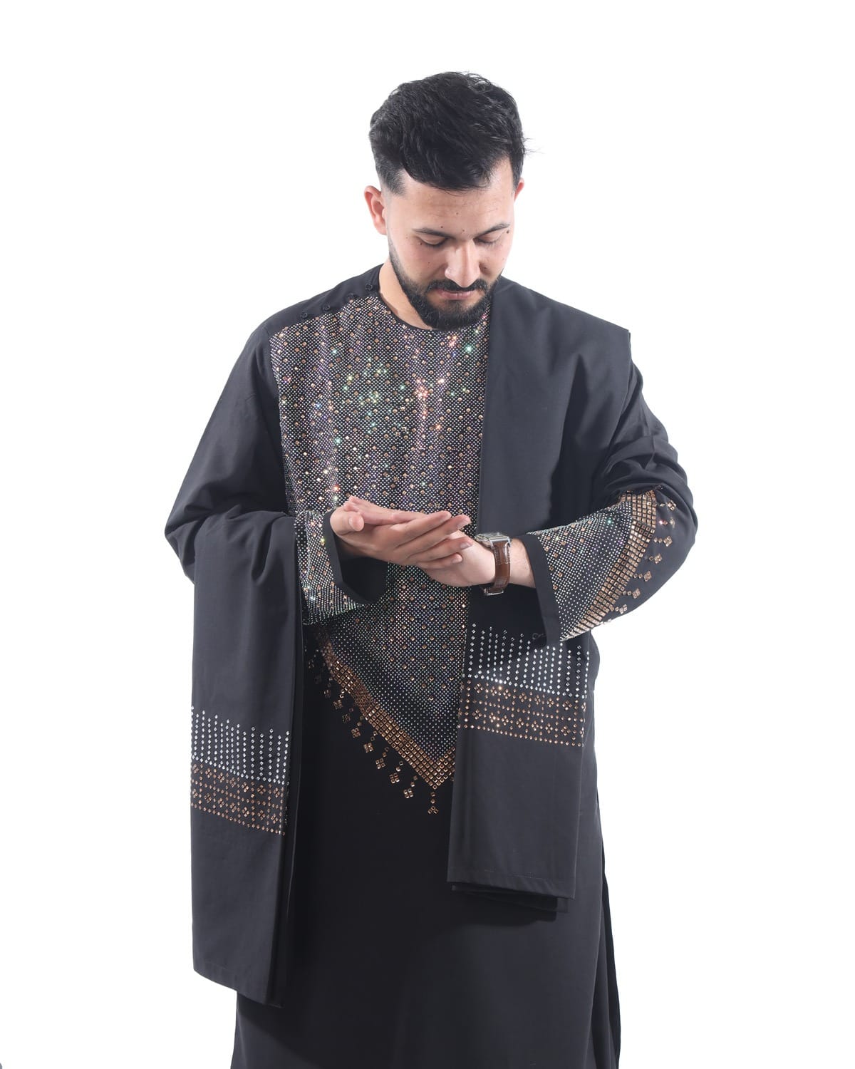 Black Afghani Embroidery Men Clothes with Shawl