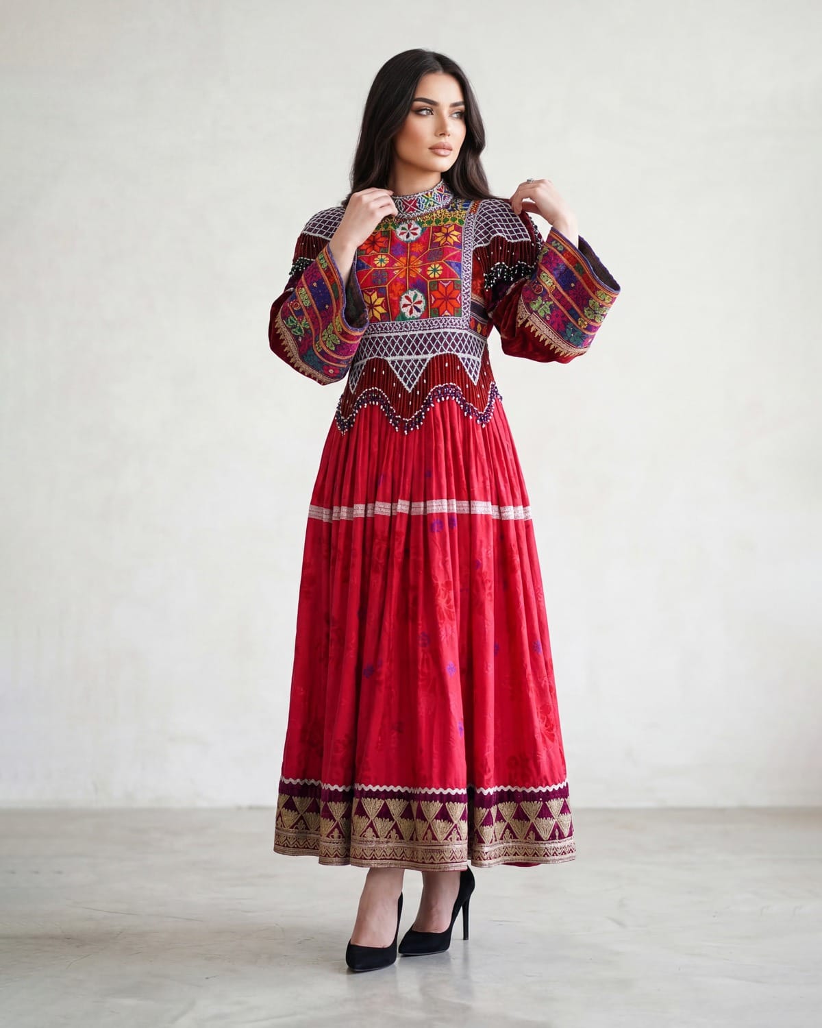 Red Velvet Dress with Handcrafted Embroidery - Cloth Sizes Women: Free Size