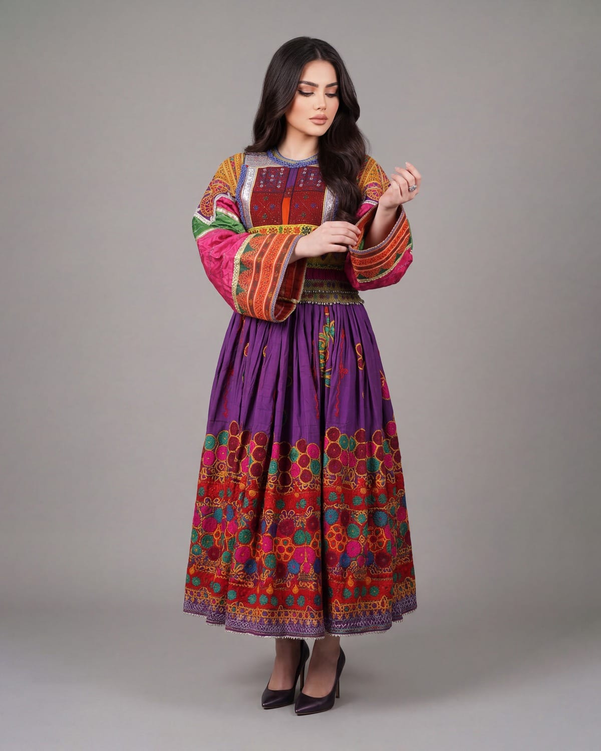 Colorful Afghan Handcrafted Dress – Traditional Embroidery, Purple & Multicolor