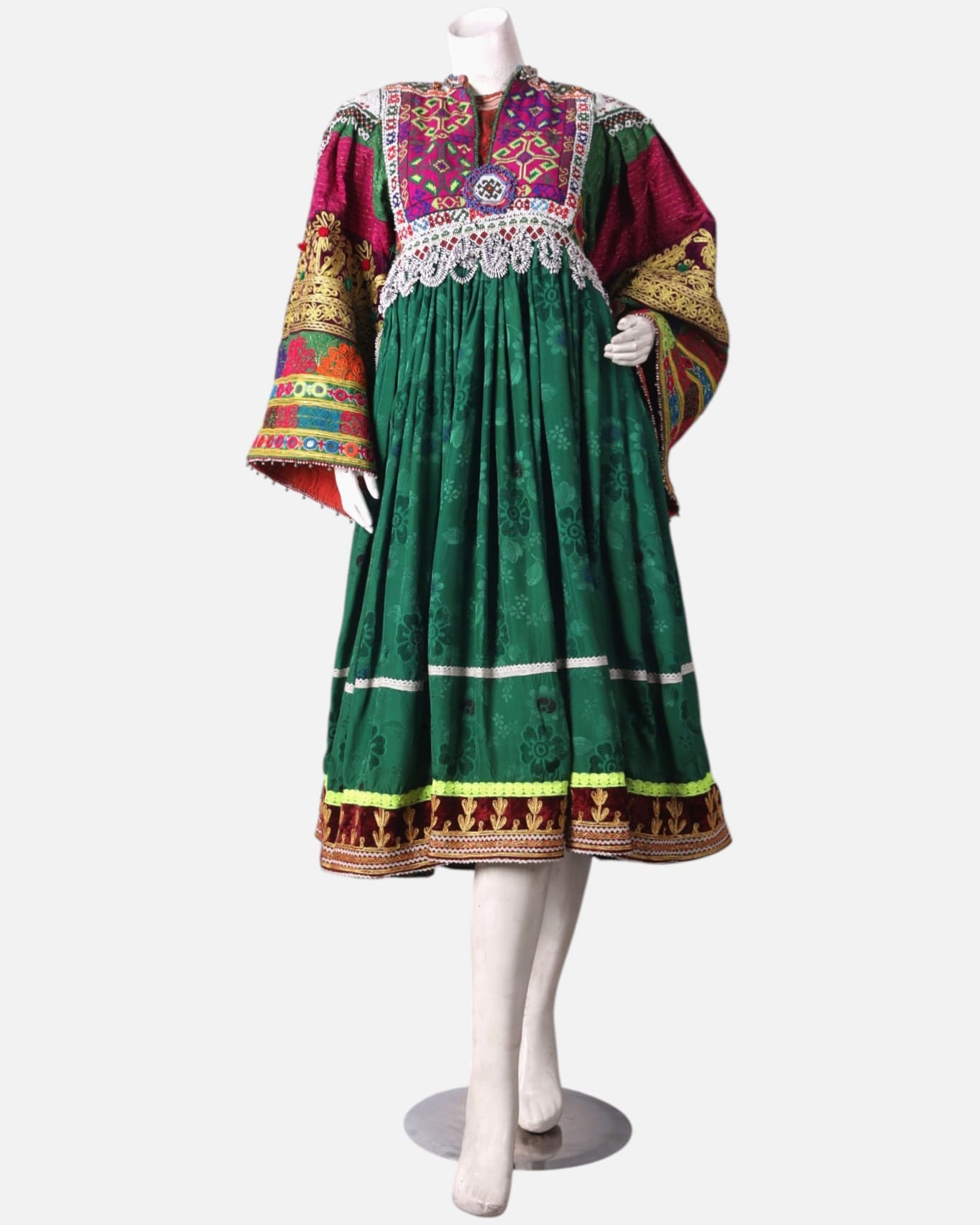 Afghan Kuchi Dress - Green Velvet with Multi Color Embroidery