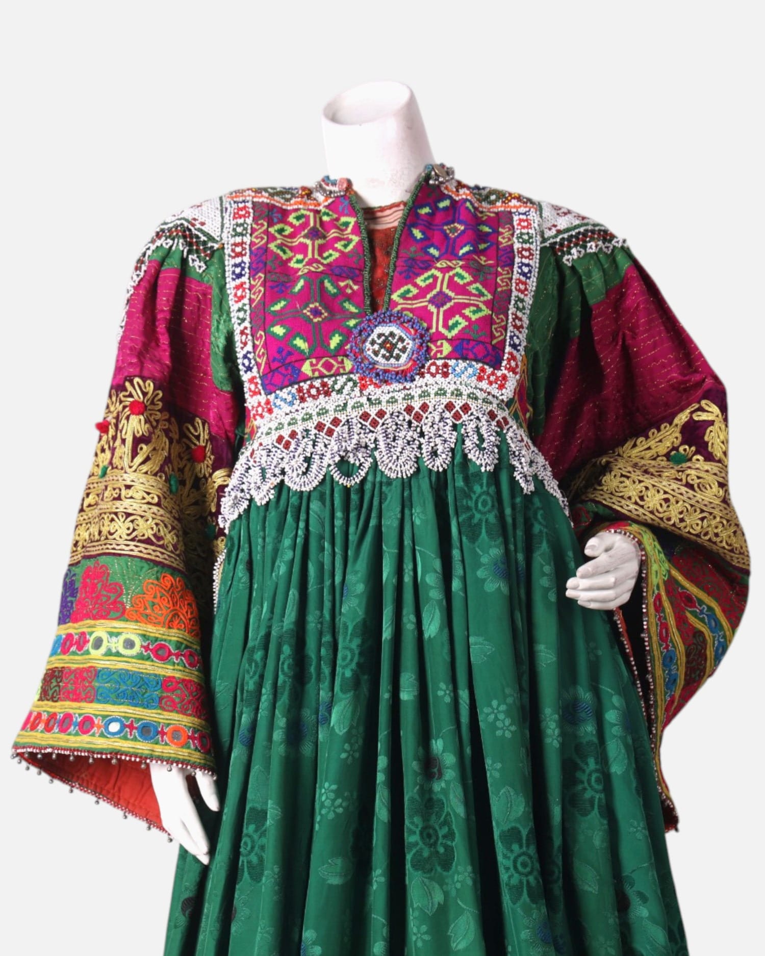 Afghan Kuchi Dress - Green Velvet with Multi Color Embroidery