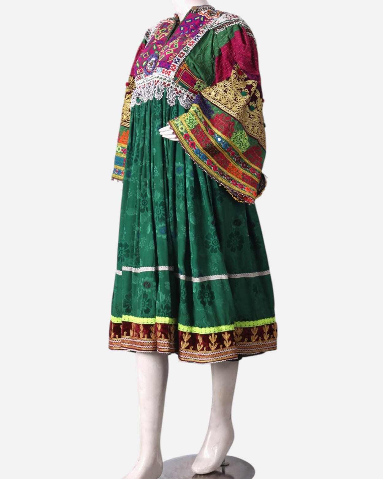 Afghan Kuchi Dress - Green Velvet with Multi Color Embroidery