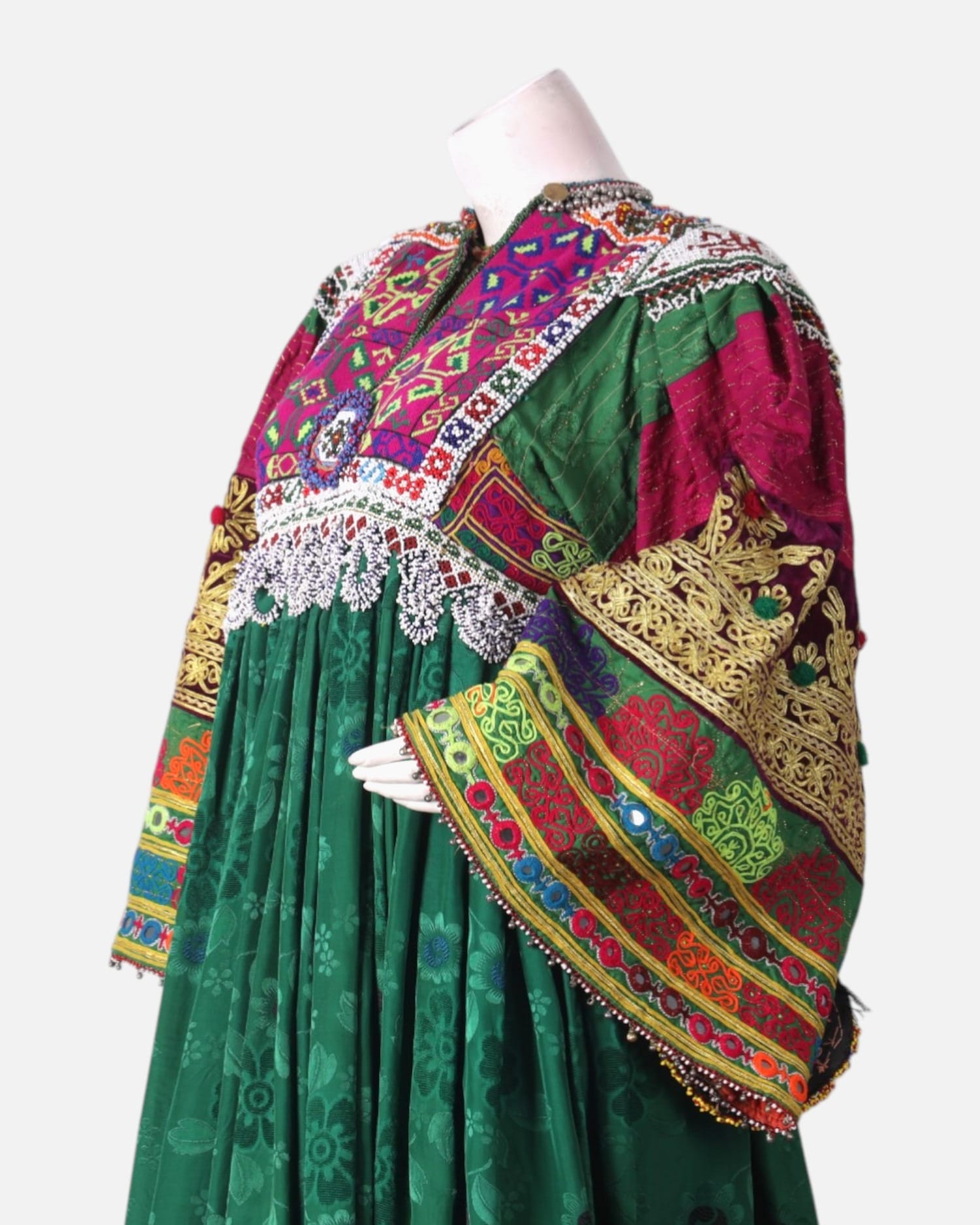 Afghan Kuchi Dress - Green Velvet with Multi Color Embroidery