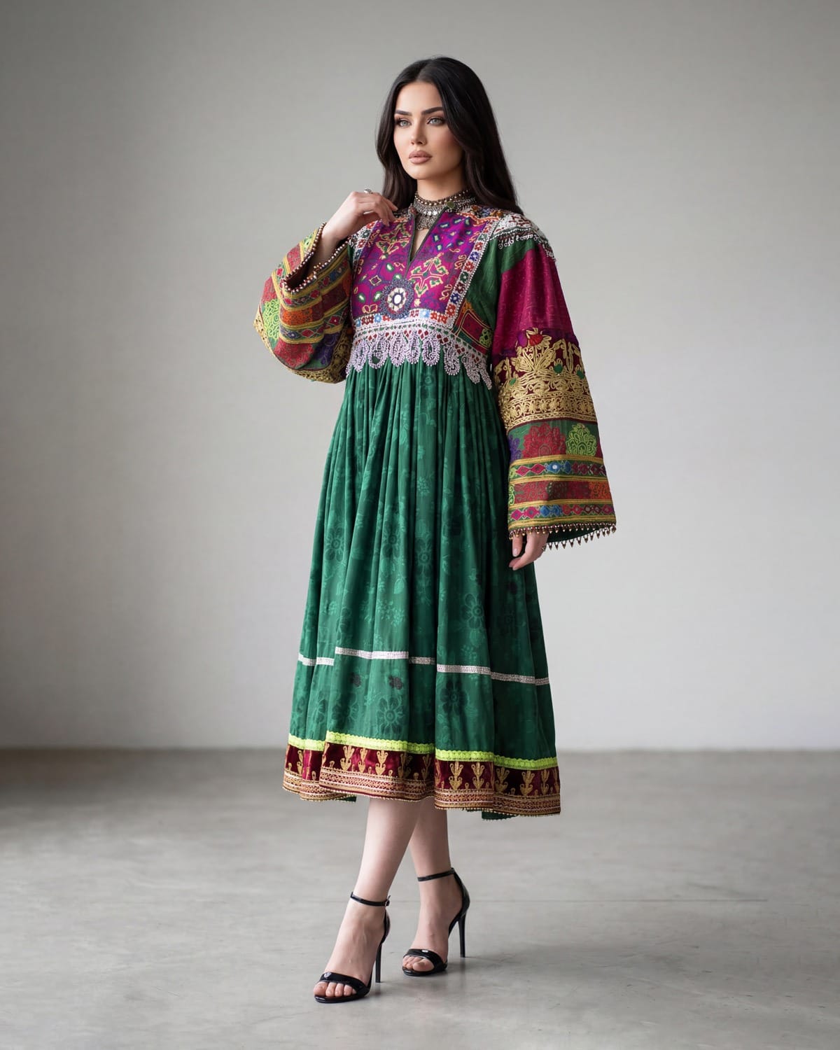 Afghan Kuchi Dress - Green Velvet with Multi Color Embroidery