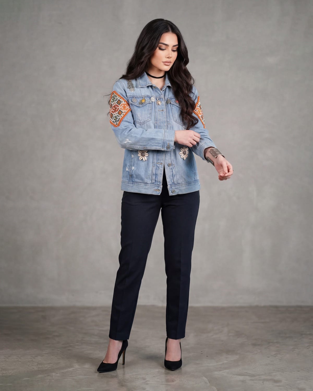Hand Embroidered Denim Jacket For Women