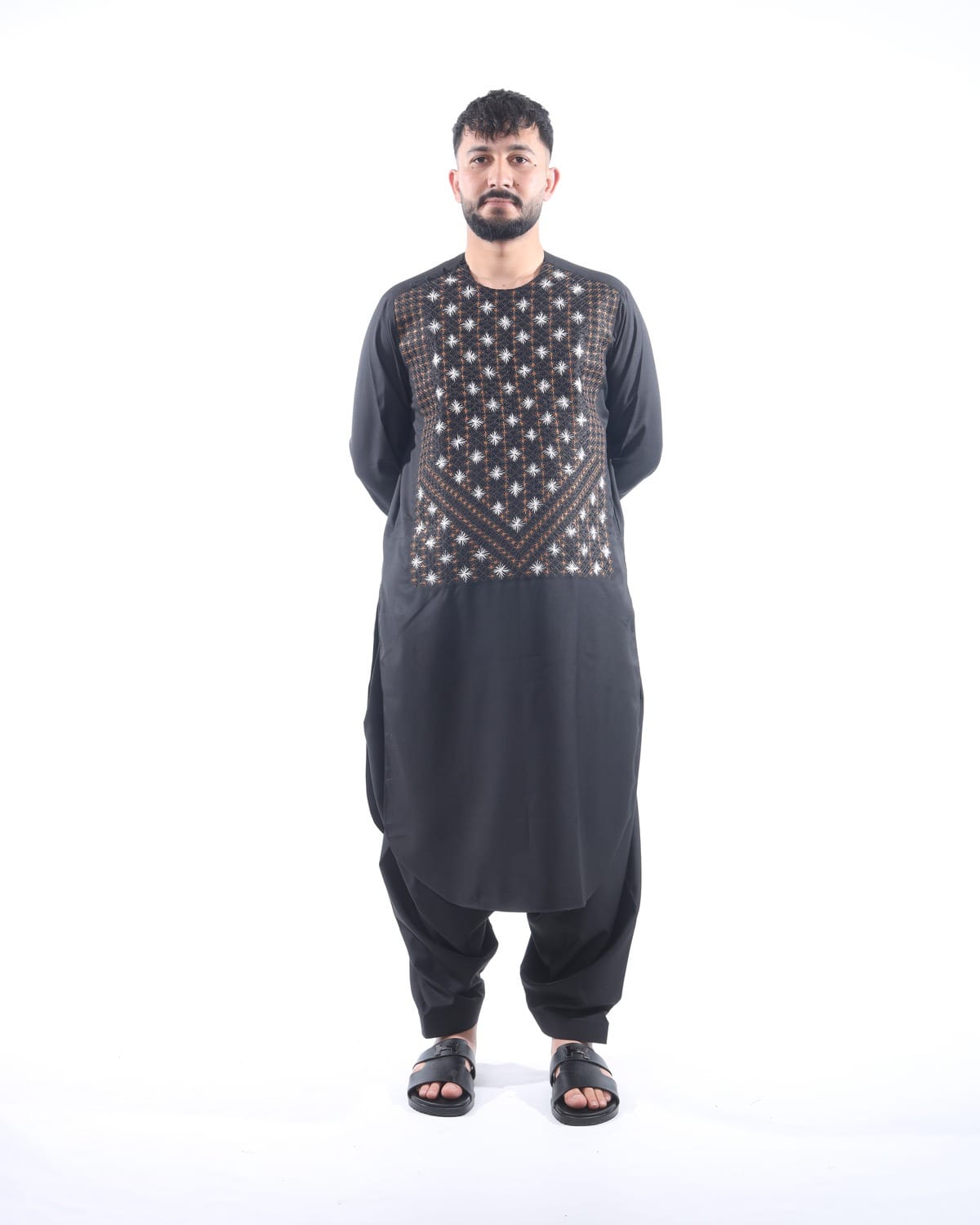 Black Men Embroidery Style Pehran Tumban with Shawl