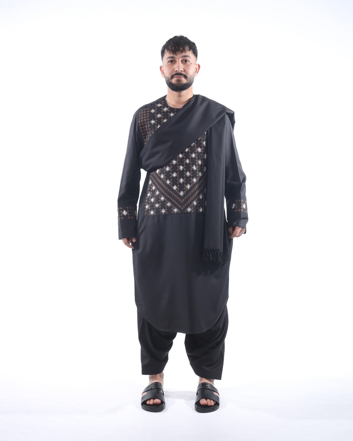 Black Men Embroidery Style Pehran Tumban with Shawl