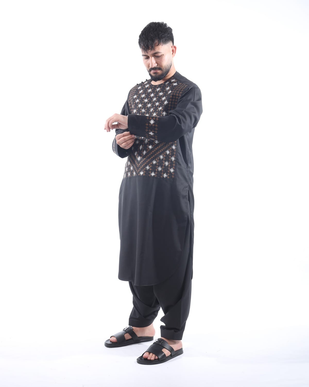 Black Men Embroidery Style Pehran Tumban with Shawl