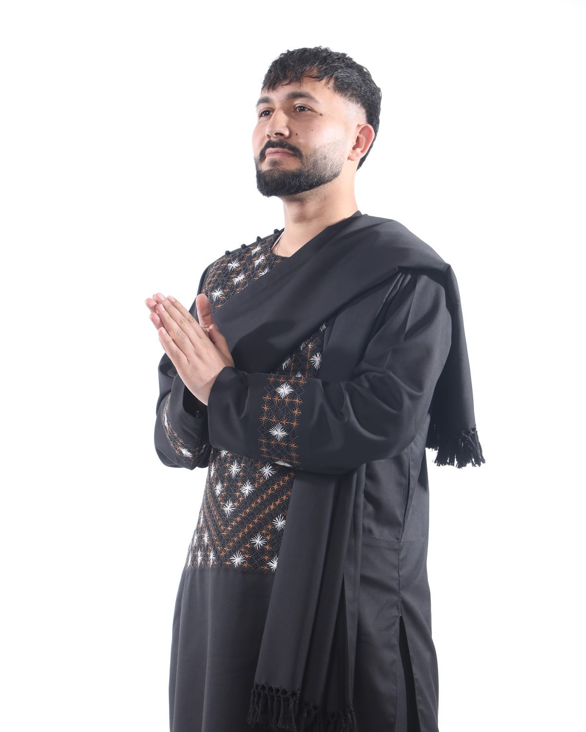 Black Men Embroidery Style Pehran Tumban with Shawl