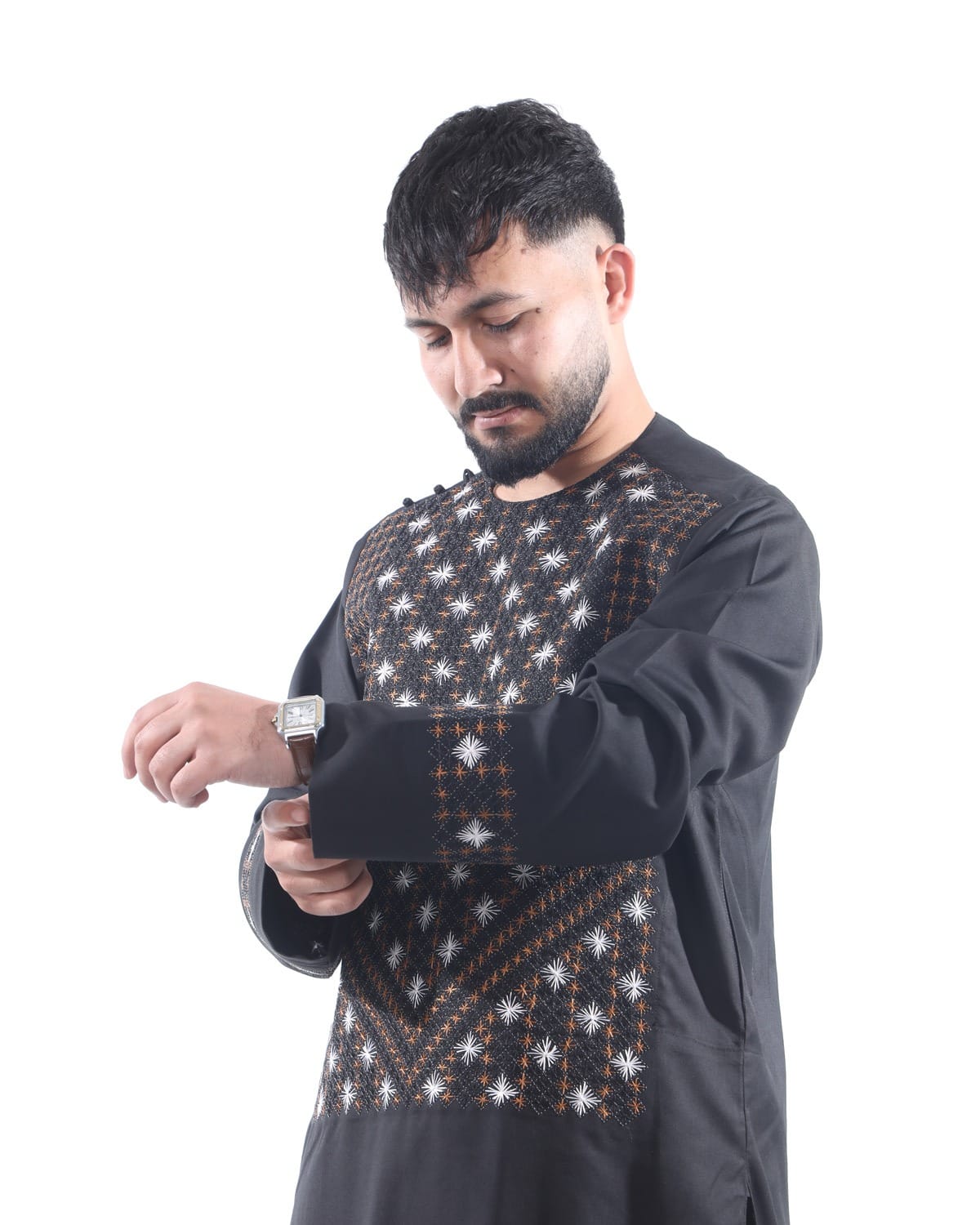 Black Men Embroidery Style Pehran Tumban with Shawl